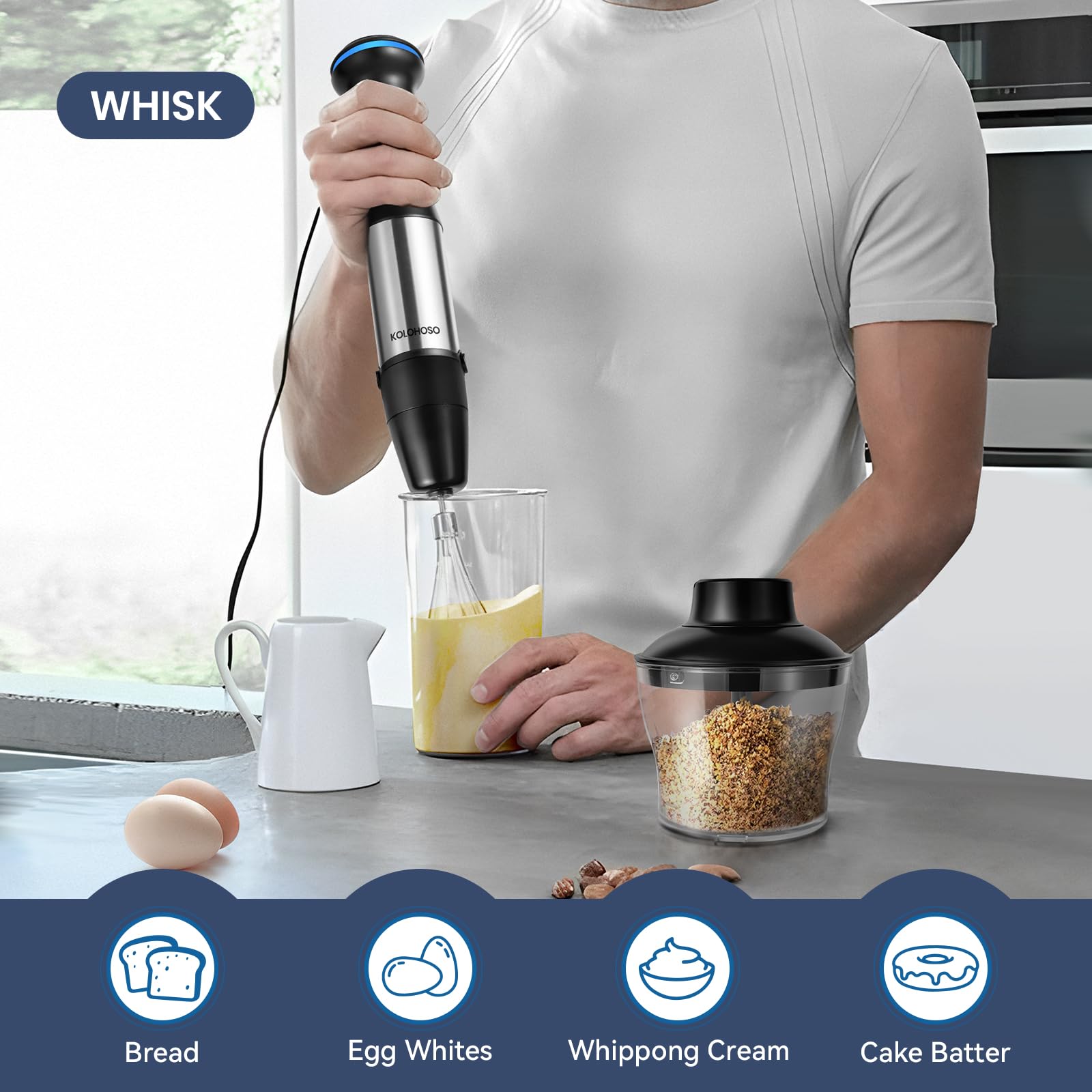 1500W Mixeur Plongeant 4 en 1 Mélangeur Plongeant 21 Vitesses Réglables | Mixeur Plongeur Anti-Éclaboussures Mixeur Blender 4 Lames en Acier Inoxydable avec Fouet 600ml Hachoir 800ml Récipient Doseur