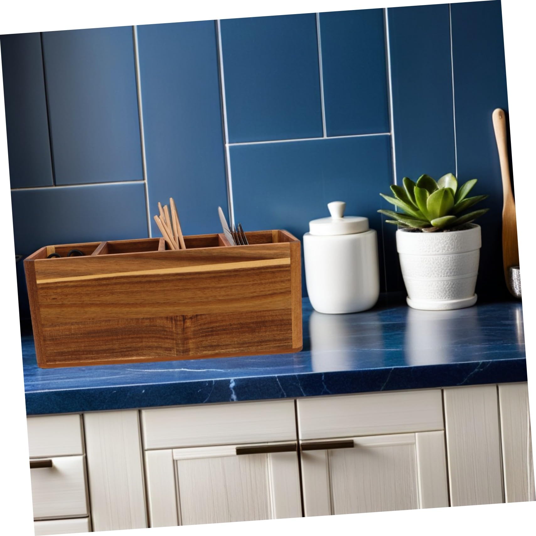 Cabilock Porte-ustensiles de Cuisine avec Compartiments Organiseur de Couverts Rustique pour Plan de Travail Rangement Compact pour Outils de Cuisine