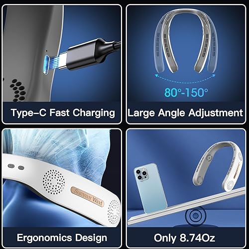 Miniatura 6 de OLV Ventilador de cuello 4 Turbo 6000mAh portátil 360 de enfriamiento de flujo de aire sin aspas USB recargable con ajuste de 3 velocidades