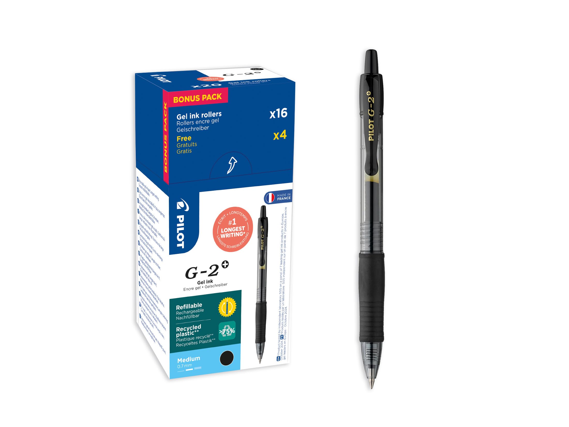 PILOT - Caja de 20 G2 Plus - Bolígrafos Roller con Tinta Gel - Retráctiles y Recargables - Excelente Comodidad de Escritura - Fabricado con Plástico Reciclado - Negro - Punta Media