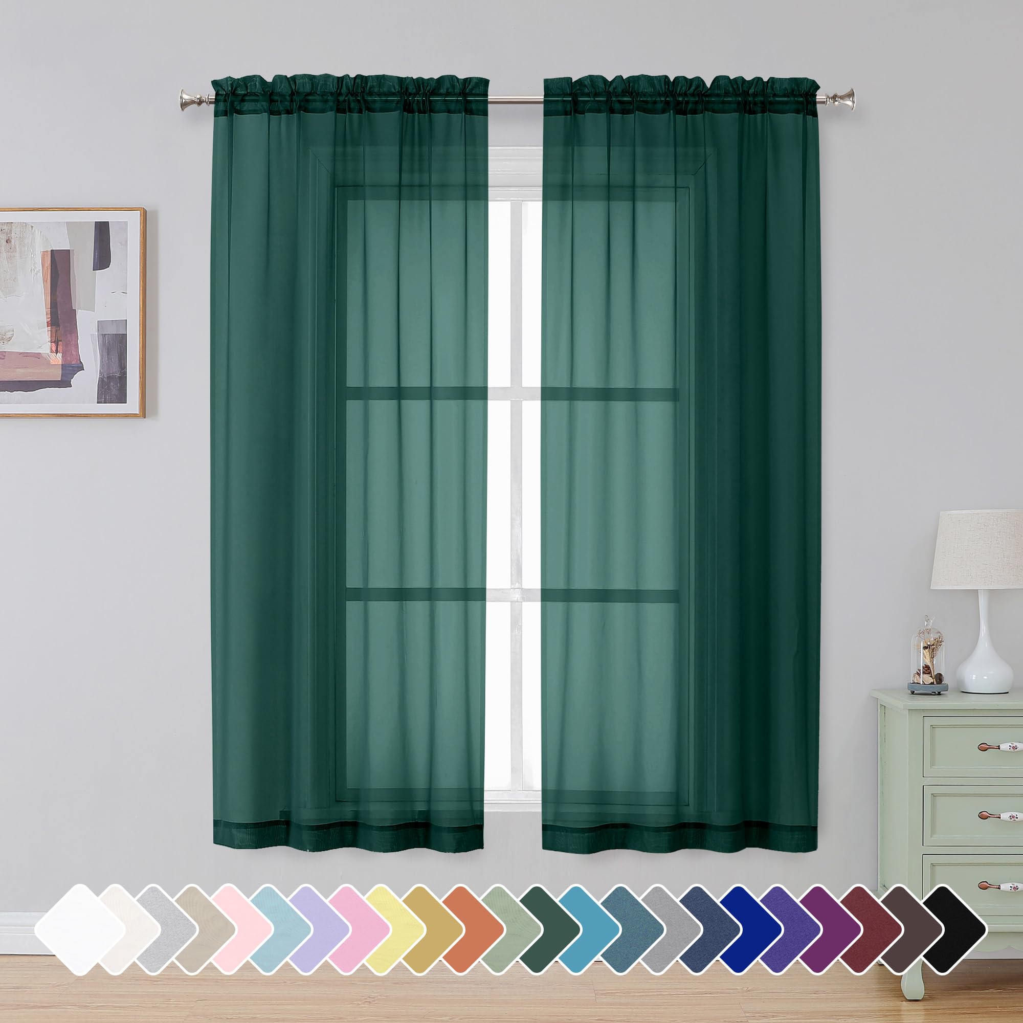 Simplebrand Hunter Green Sheer Curtains 63 Inch Length 2 Panels for Bedroom
