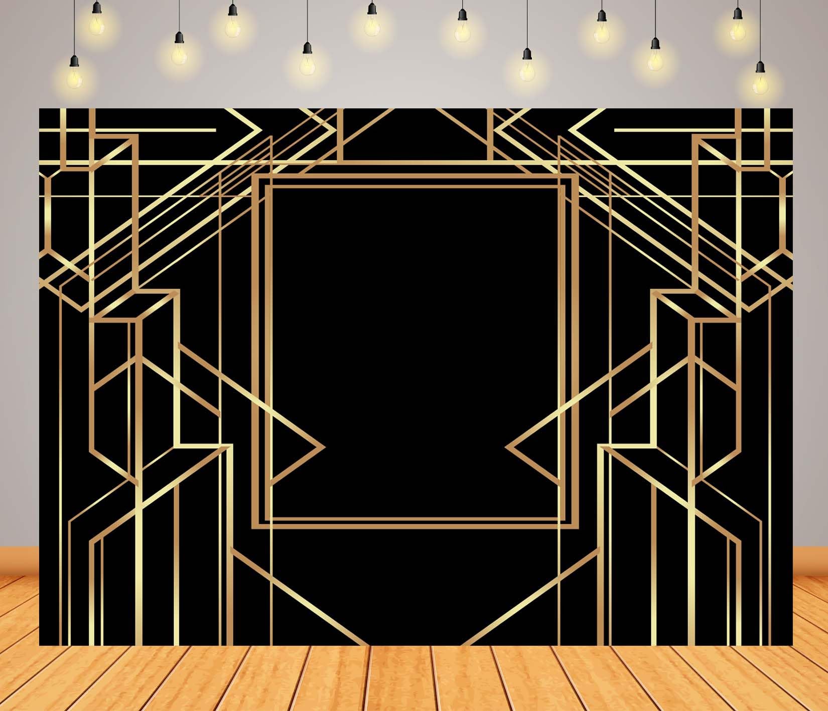 Tissu 4.5x2.5m Fond Cadre Art Déco Motif Géométrique Doré Fond Noir Style Vintage Années 20 Gatsby Arrière-Plan Photographique pour Fête Mariage Anniversaire Accessoires Photo