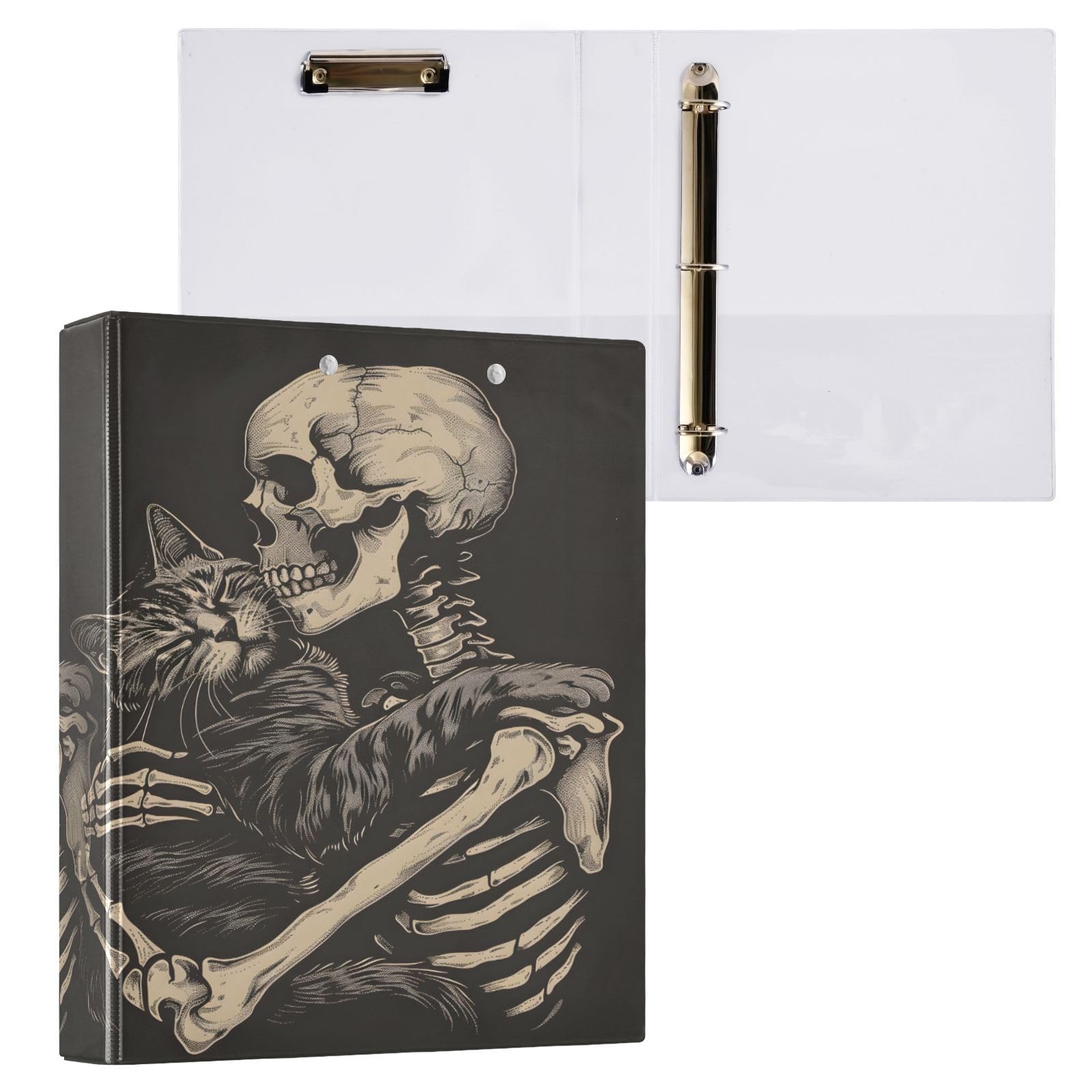 3 Ring Binder Funny Cat Skeleton Skull Black 1.5 inch Binders Three Ring Binders with Clipboard Fit 8.5'' x 11'' Paper 3 Interior PVC Clear Pockets for Office Supplies