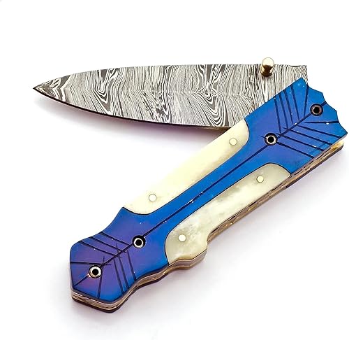 Miniatura 8 de Skokie Knives - Cuchillo de bolsillo plegable de acero de Damasco personalizado con mango de 8.0 pulgadas, color azul con hueso de camello, hoja
