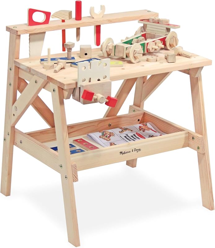 Banco de trabajo de madera para proyectos, juego de construcción simulado de 55 piezas | Incluye 5 herramientas de madera y tornillo de banco, genera juegos de simulación imaginativos, desarrolla habilidades para resolver problemas, regalo para niños a partir de 3 años