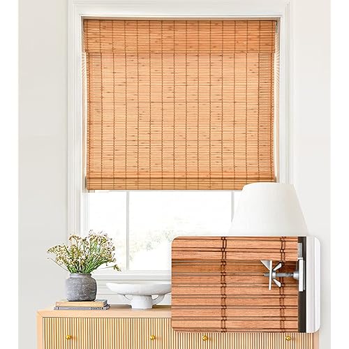 LazBlinds No Tools No Drill Cordless Bamboo Roman Shades, Light Filtering Window Treatment, Roll Up Bamboo Blinds for Window 26'' W x 64'' H, Wood