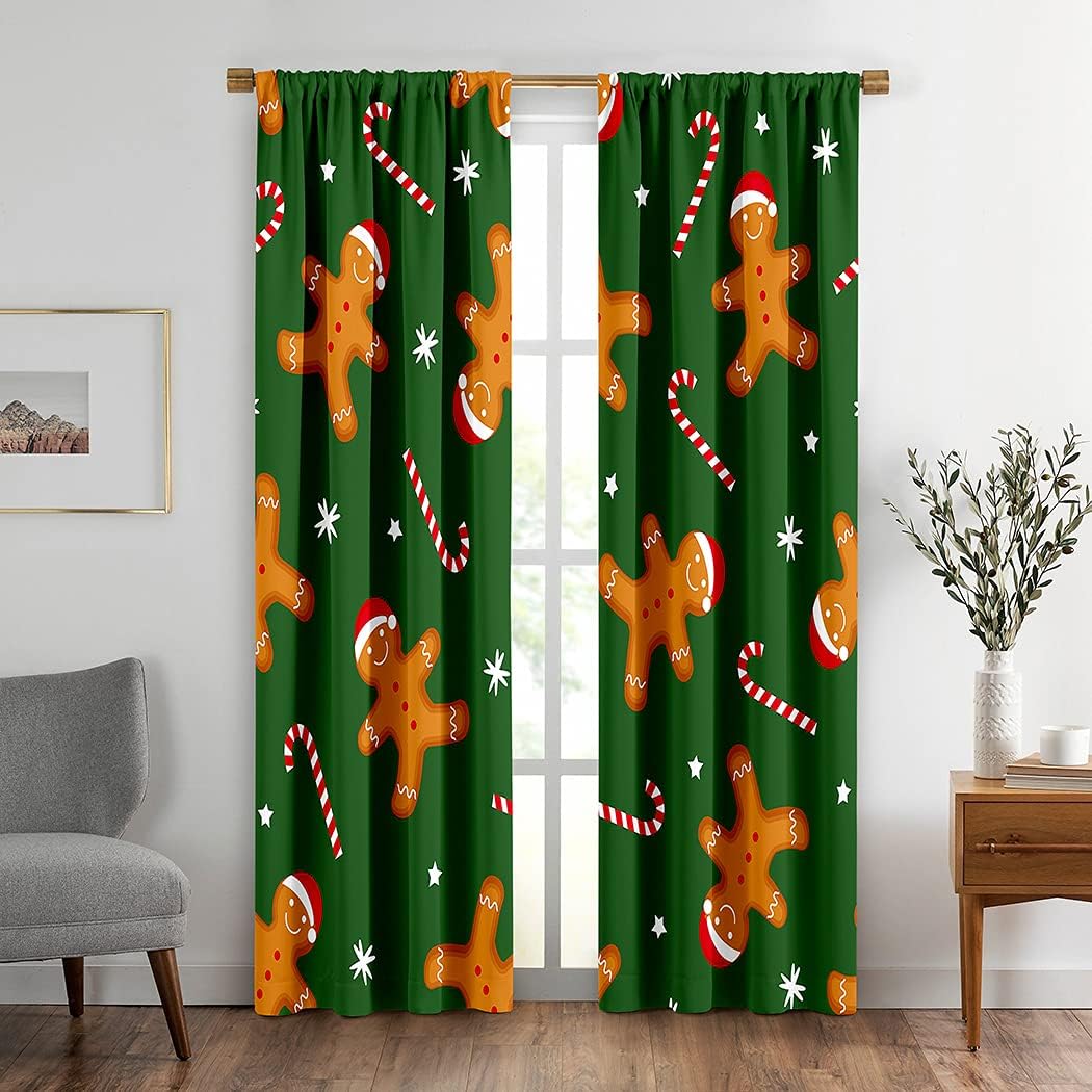 Gingerbread Window Drapes Curtain Gingerbread Christmas Xmas Hat and Candy Rod Pocket Drapes Curtain for Living Room Home Decor 21x63 Inches 2 Panels