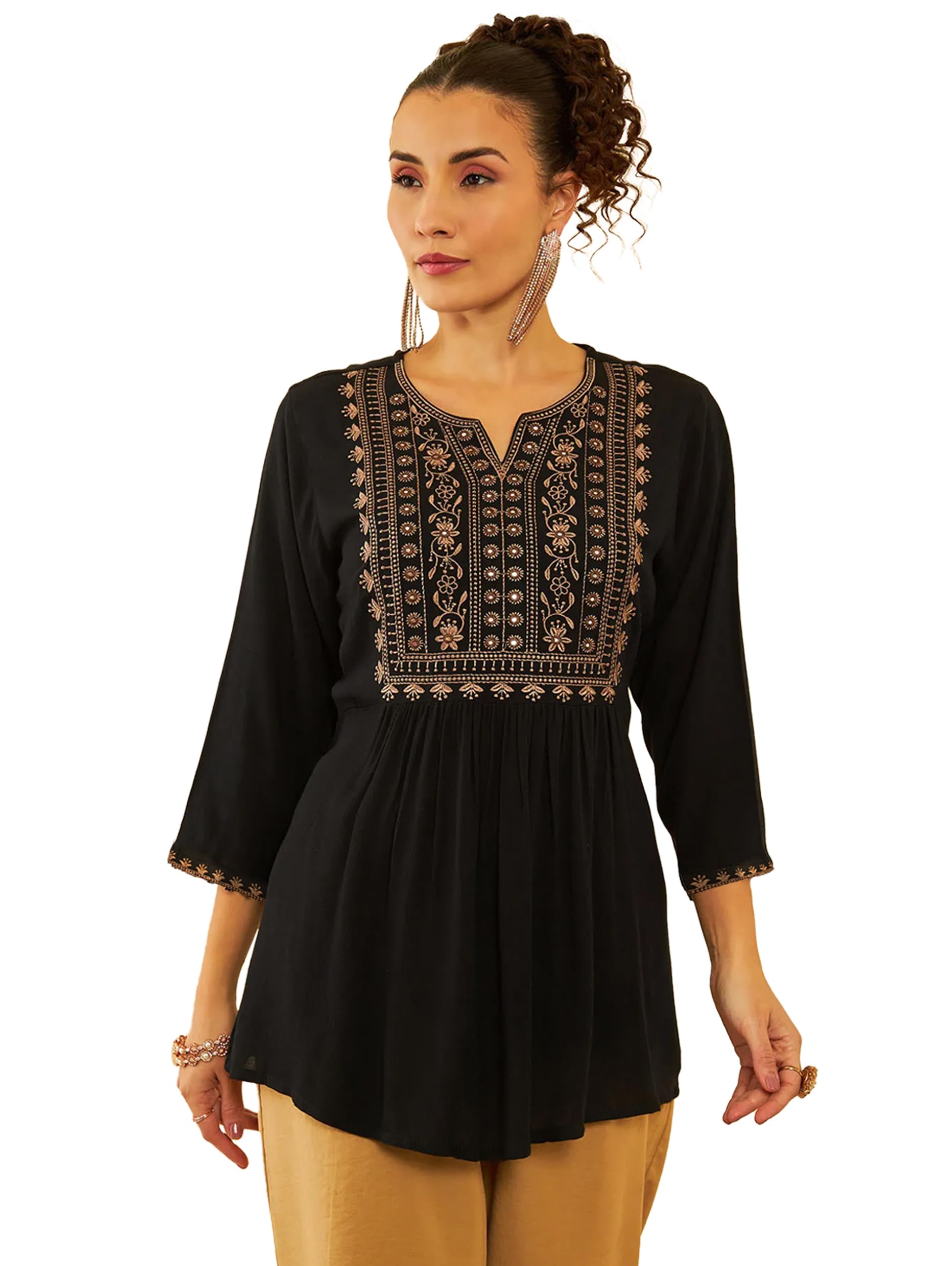 Short Kurti for Women | Indian Tunic Tops for Women | Indian Ethnic Tunic Top | Embroidered Tops 3/4 Sleeve Top