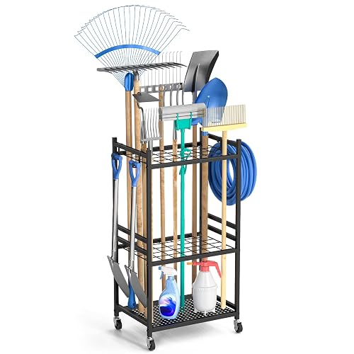 DAOUTIME Garden Organizer With Wheels, Yard Tower Rack for Garage Storage, Up to 35 Long-Handled Tools, Sturdy Metal Steel Holder With 3 Hooks, Outdoor, Black