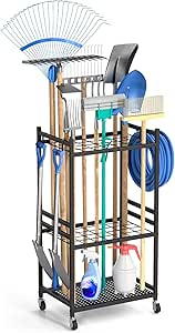 Garden Tool Organizer with Wheels, Yard Tool Tower rack for Garage Organization and Storage, Up to 35 Long-Handled Tools, Sturdy Metal Steel Tool Holder with 3 Hooks, Outdoor, Black