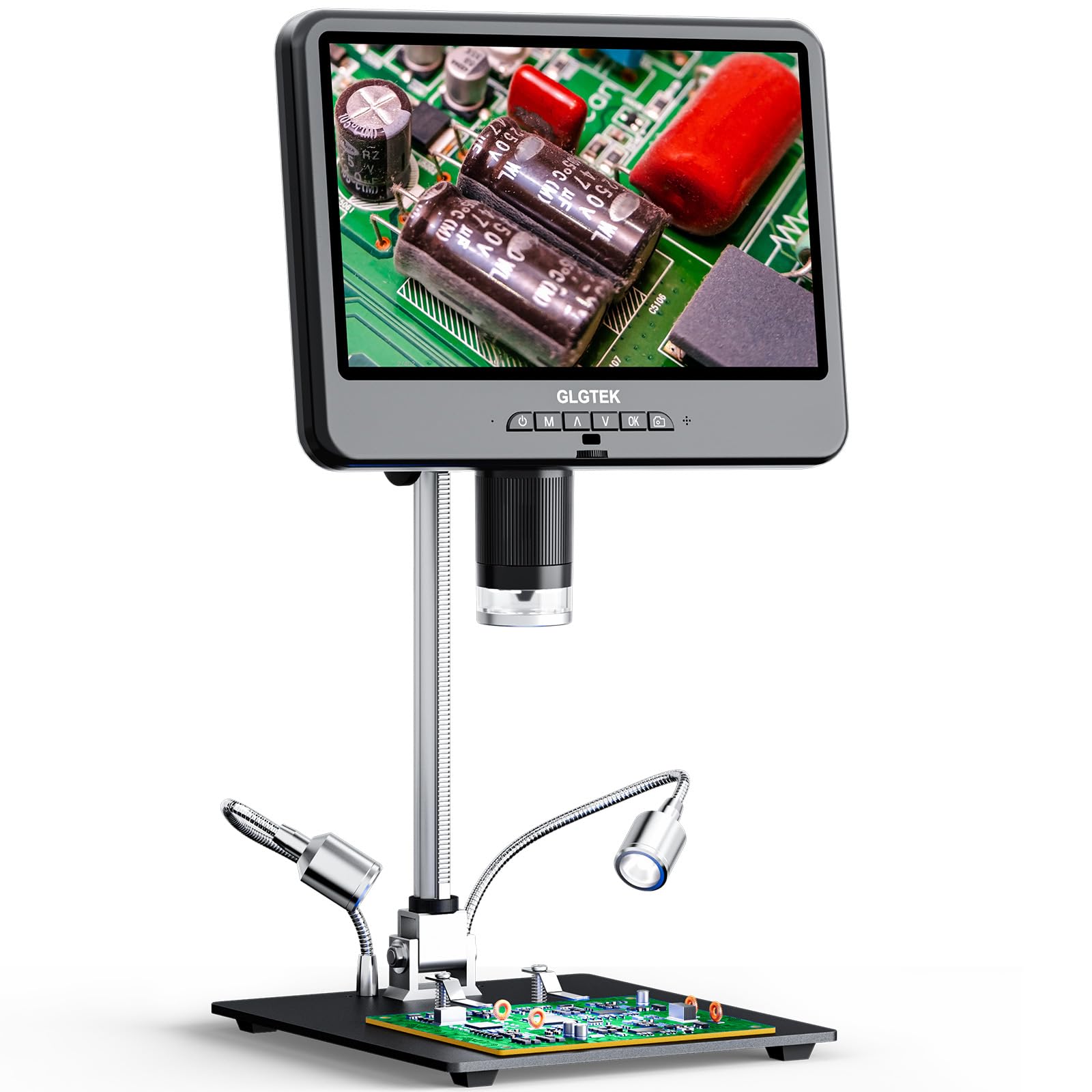 GLG208SE - Microscopio digital HDMI 4K 30FPS 1500X con micrófono para reparación electrónica, pantalla dual de 10.1 pulgadas, audio de video UHD 3840P para soldadura PCB, microscopio de monedas, vista