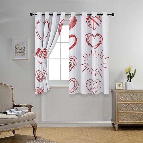 Window Curtains 2 Panel Sets Red Love Heart Shaped Blackout Blinds for Sliding Glass Doors Cortinas para Ventanas De Cuarto 63Inch Width by 63Inch