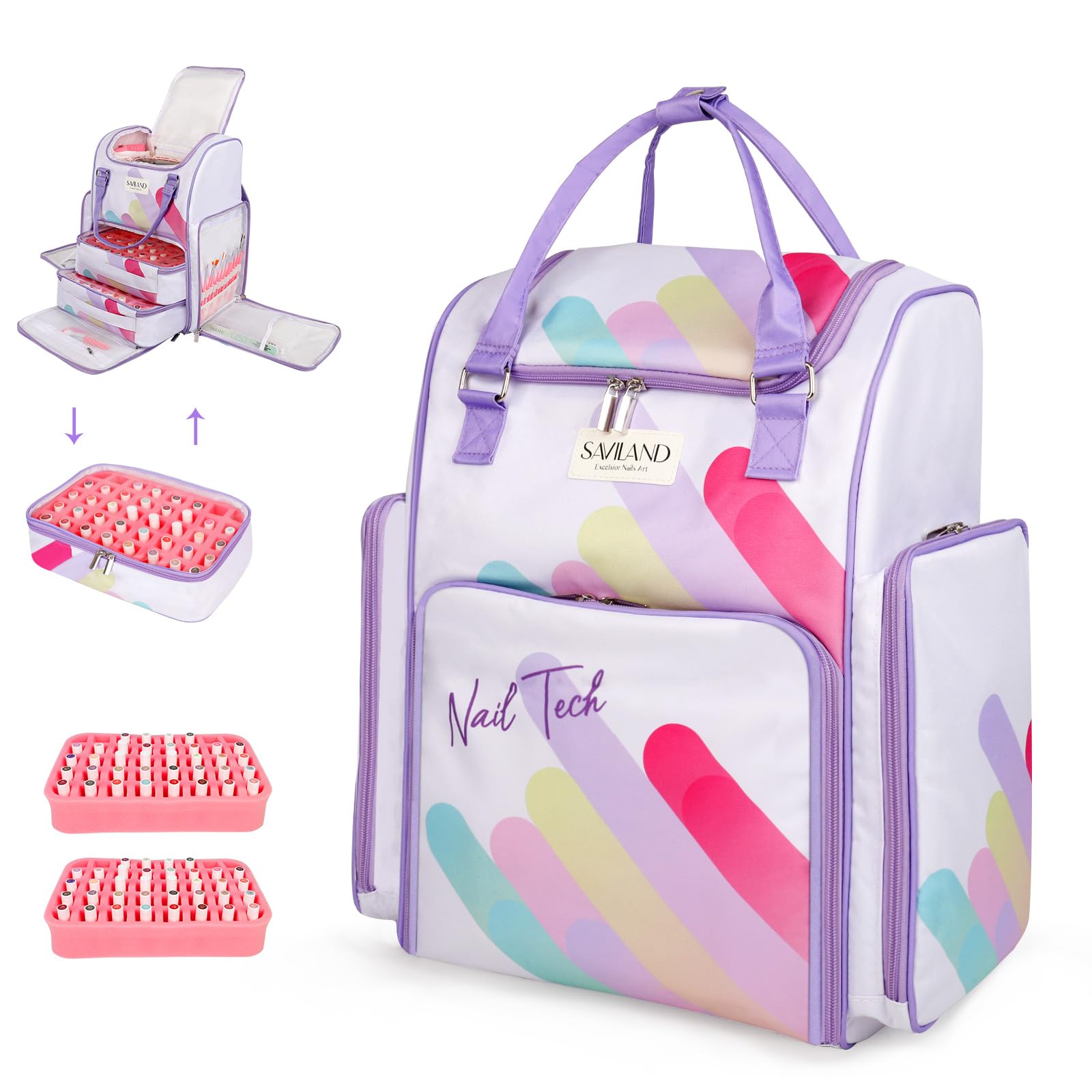 SAVILAND Borsa per smalto semipermanente: grande organizer per smalto per unghie e conservazione per 80 pezzi smalti gel e accessori, con 2 tasche rimovibili per il viaggio