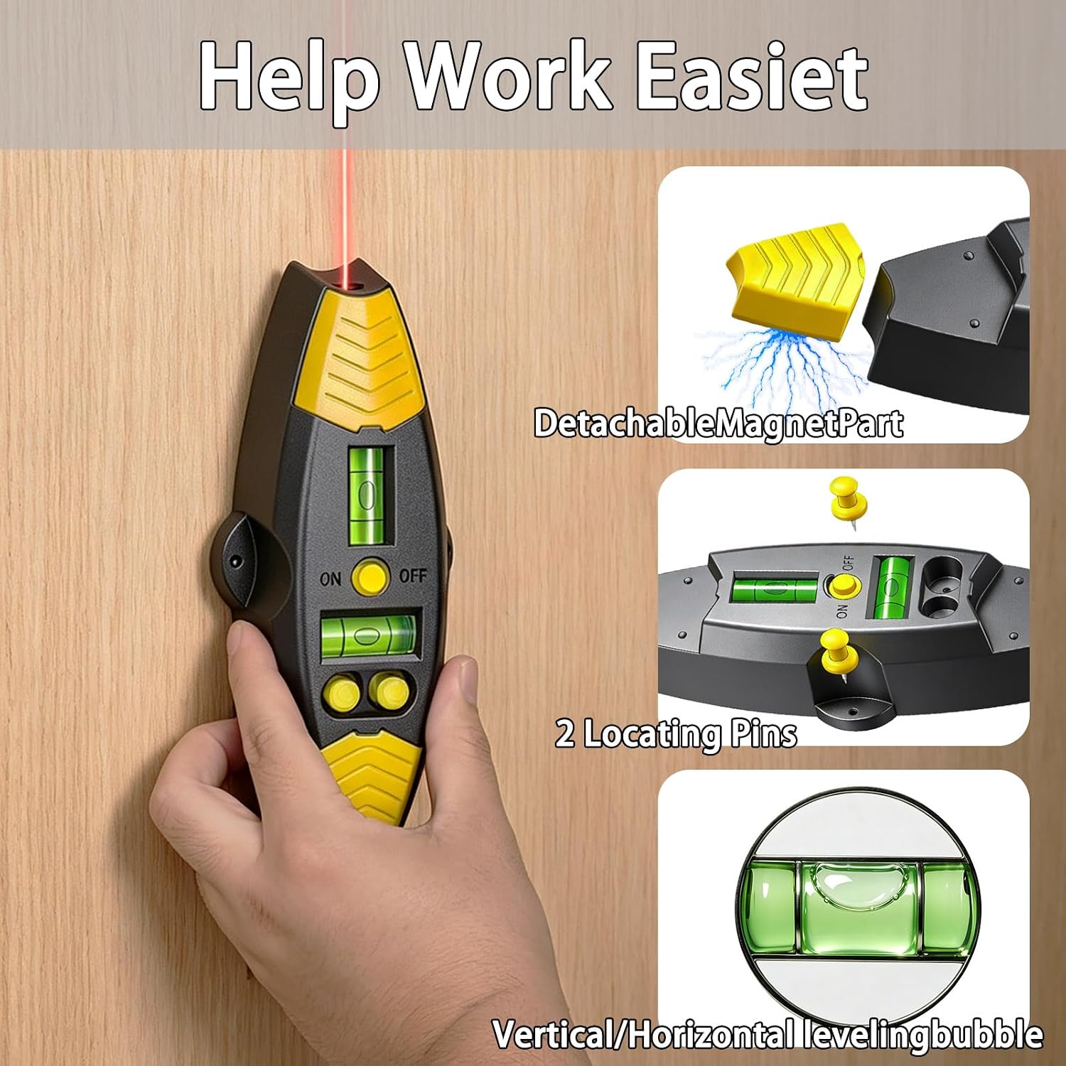 3-in-1 Magnetic Stud Finder with Laser, Wall Scanner with 2 Detachable Magnetic Positioning Modules & 4 Wooden Surface Locator Pins, Stud Finder Leveler Tool for Home Renovation Inspection. (Black)