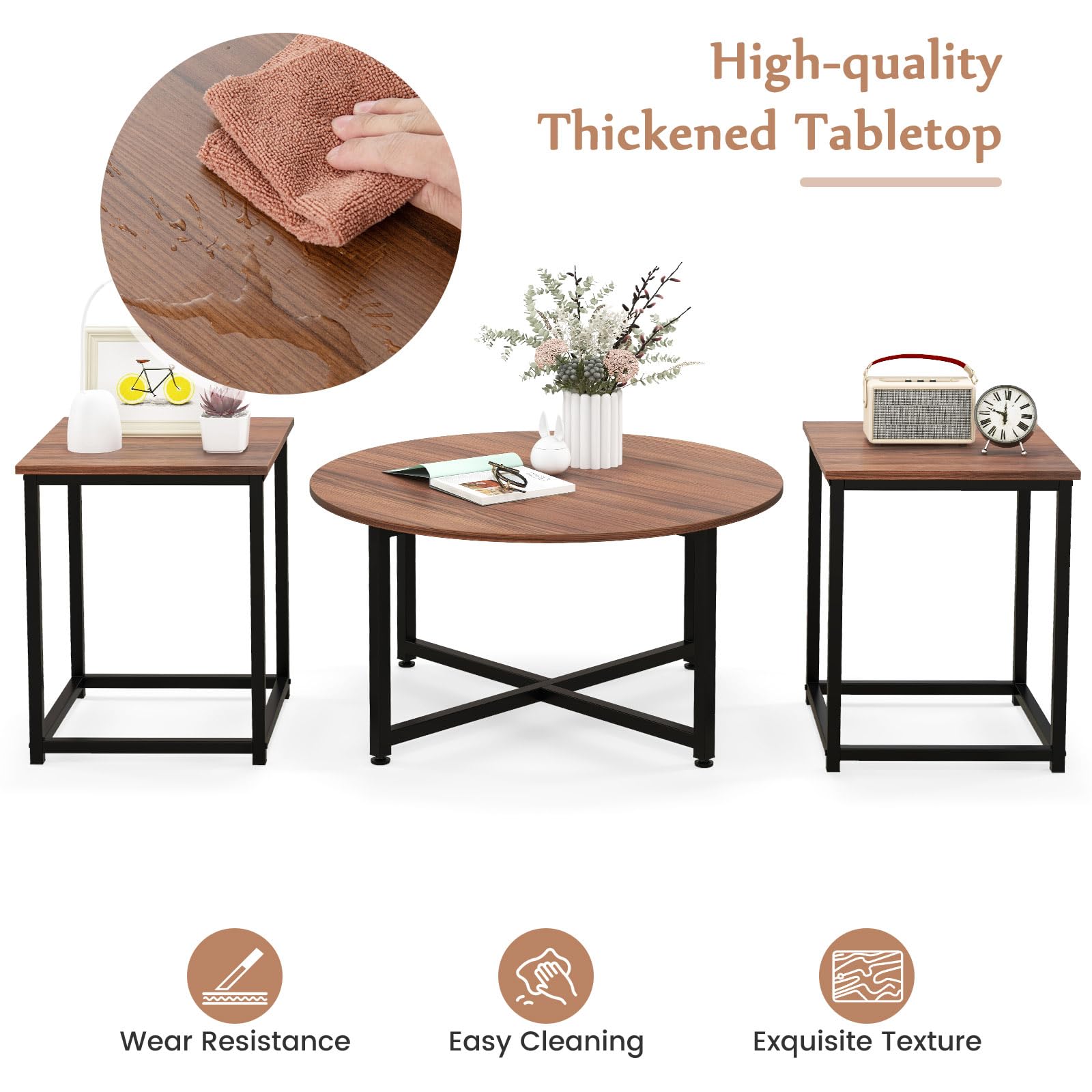 Walnoot salontafel set van 2 vierkante salontafels voor woonkamer met open planken Houten salontafel Stevig stalen frame Modern modieus design salontafel set voor woonkamer slaapkamer kantoo