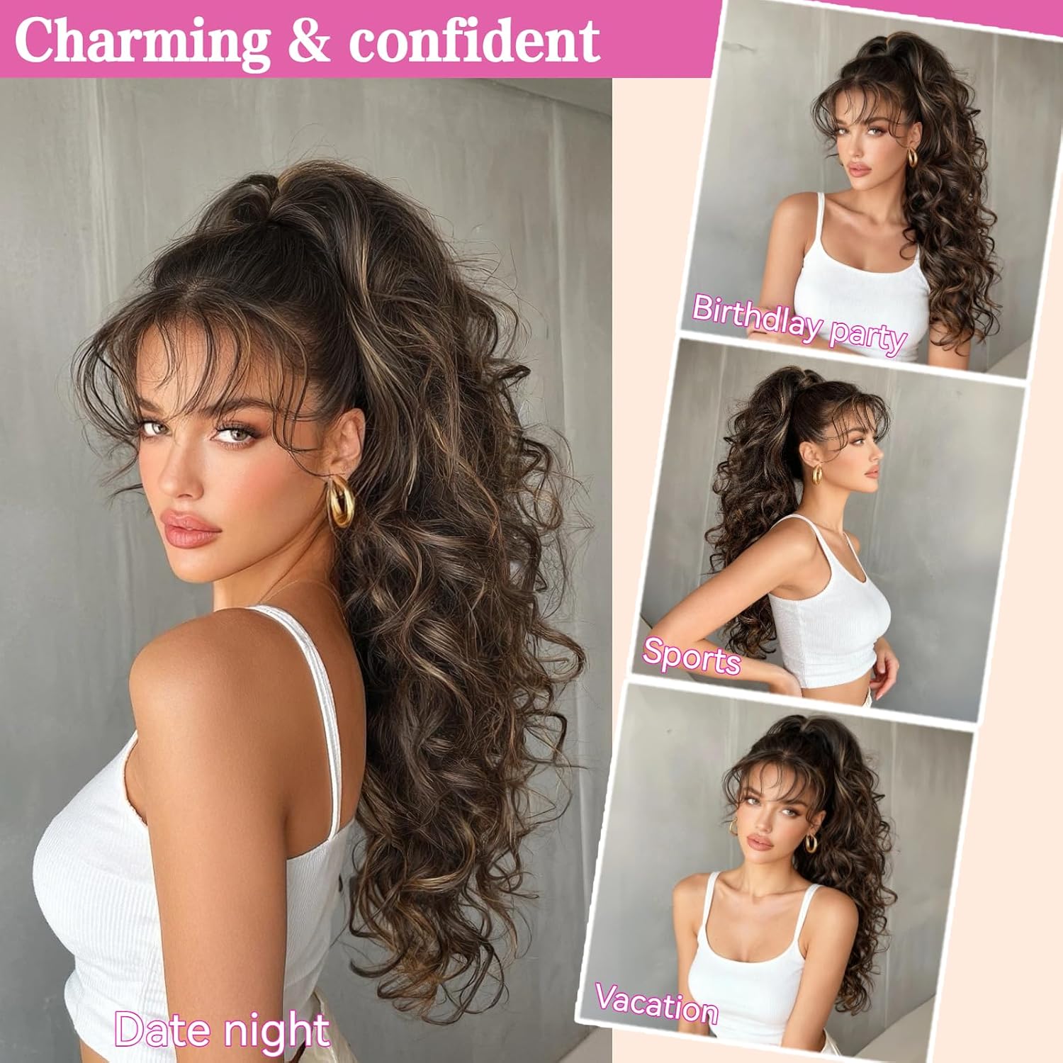 26 Inch Ponytail Extension Wavy Claw Clip on Pony Tails Hair Extensions for Women Curly Synthetic Hair piece Drawstring Ponytail Dark Brown with Caramel Highlights Long Hairpiece
