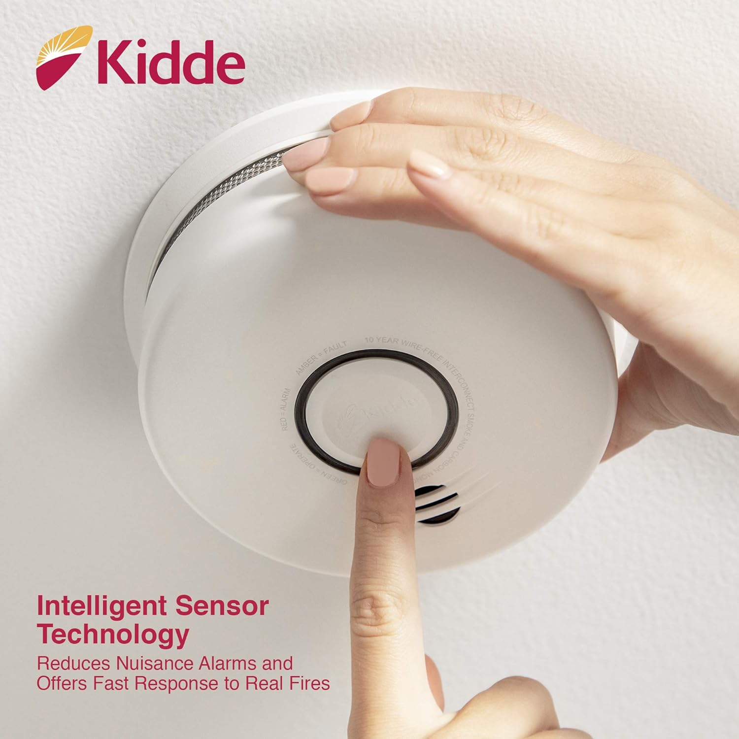 Finger pressing the test button on Kidde P4010DCSCO-W alarm