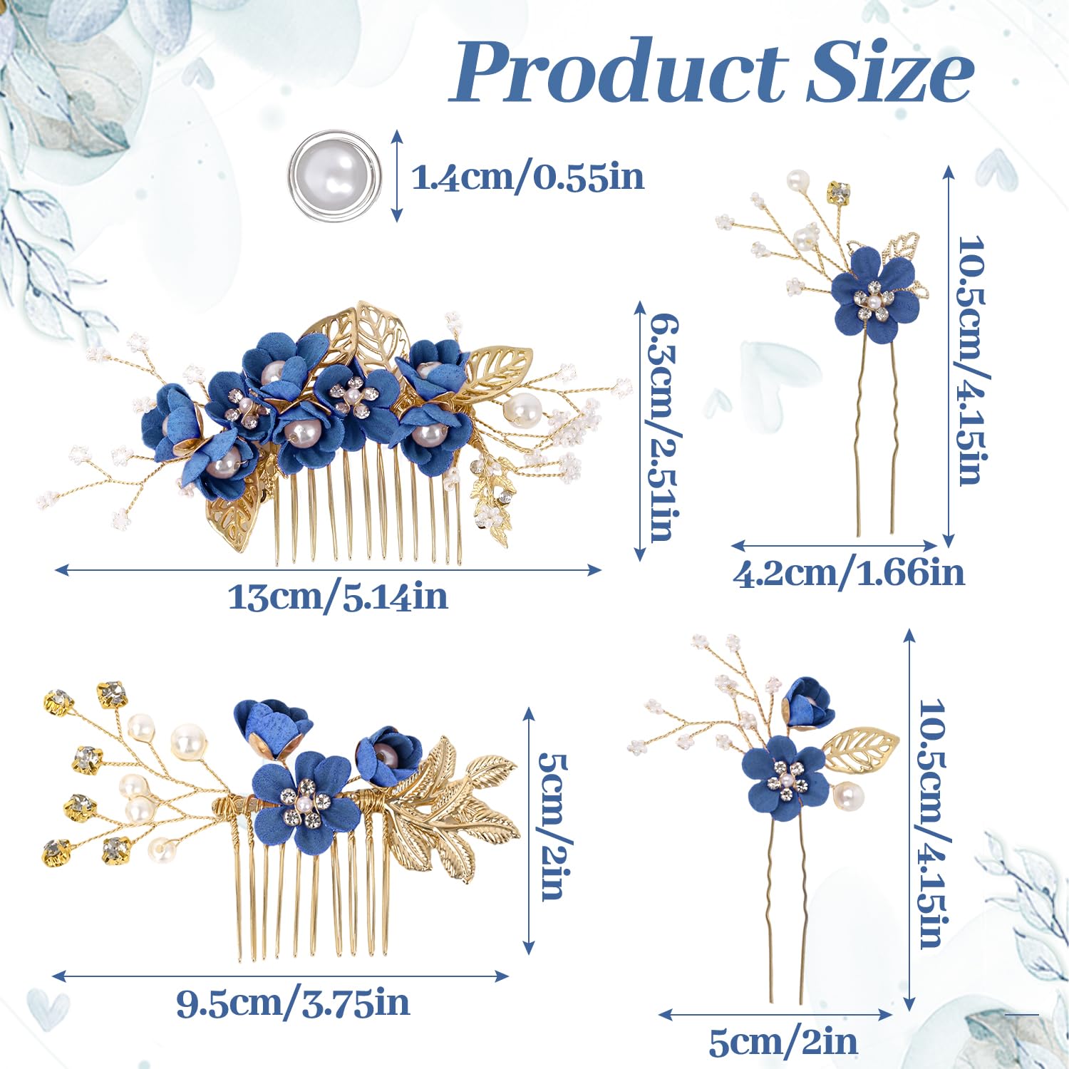 4Pcs Wedding Hair Accessories for Women Classy Bridal Hair Pins Flower Bridesmaid Hair Accessories 10Pcs Spiral Pearl Hair Pins for Brides Bridesmaids Women Girls (Royal Blue) - Image 2