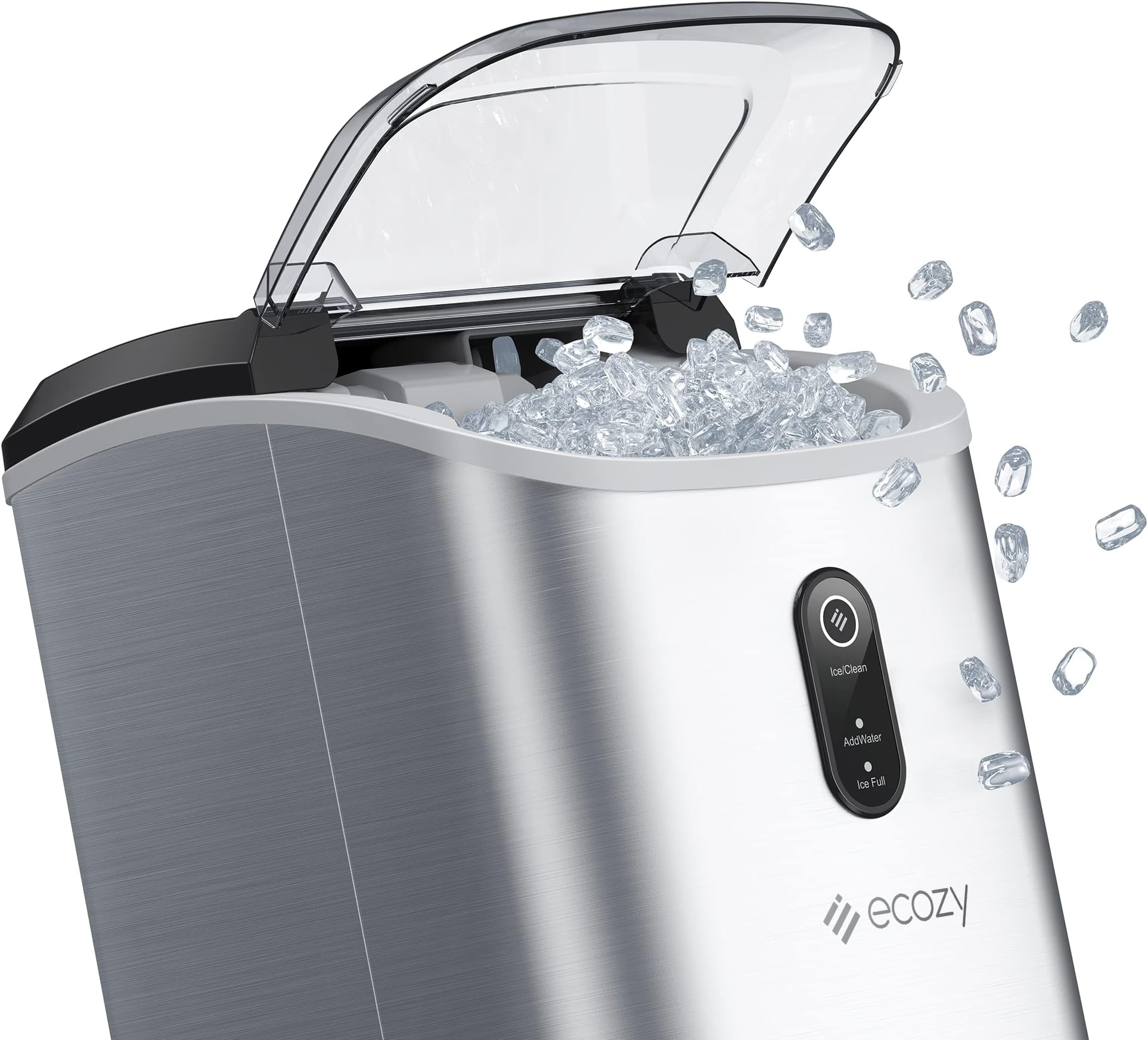 ecozy Nugget Ice Maker Countertop - Chewable Pellet Ice Cubes, 33 lbs Daily Output, Stainless Steel Housing, Self-Cleaning Ice Machine with Ice Bags for Parties, Kitchen, Bar, Office, Silver