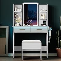 Vista 9 de Mesa de tocador con espejo de luces LED y toma de corriente, juego pequeño de mesa de maquillaje con cajones de almacenamiento y silla, 3 modos