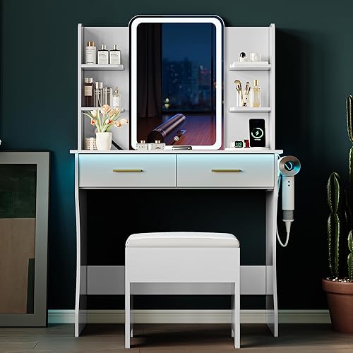 Vista 9 de Mesa de tocador con espejo de luces LED y toma de corriente, juego pequeño de mesa de maquillaje con cajones de almacenamiento y silla, 3 modos