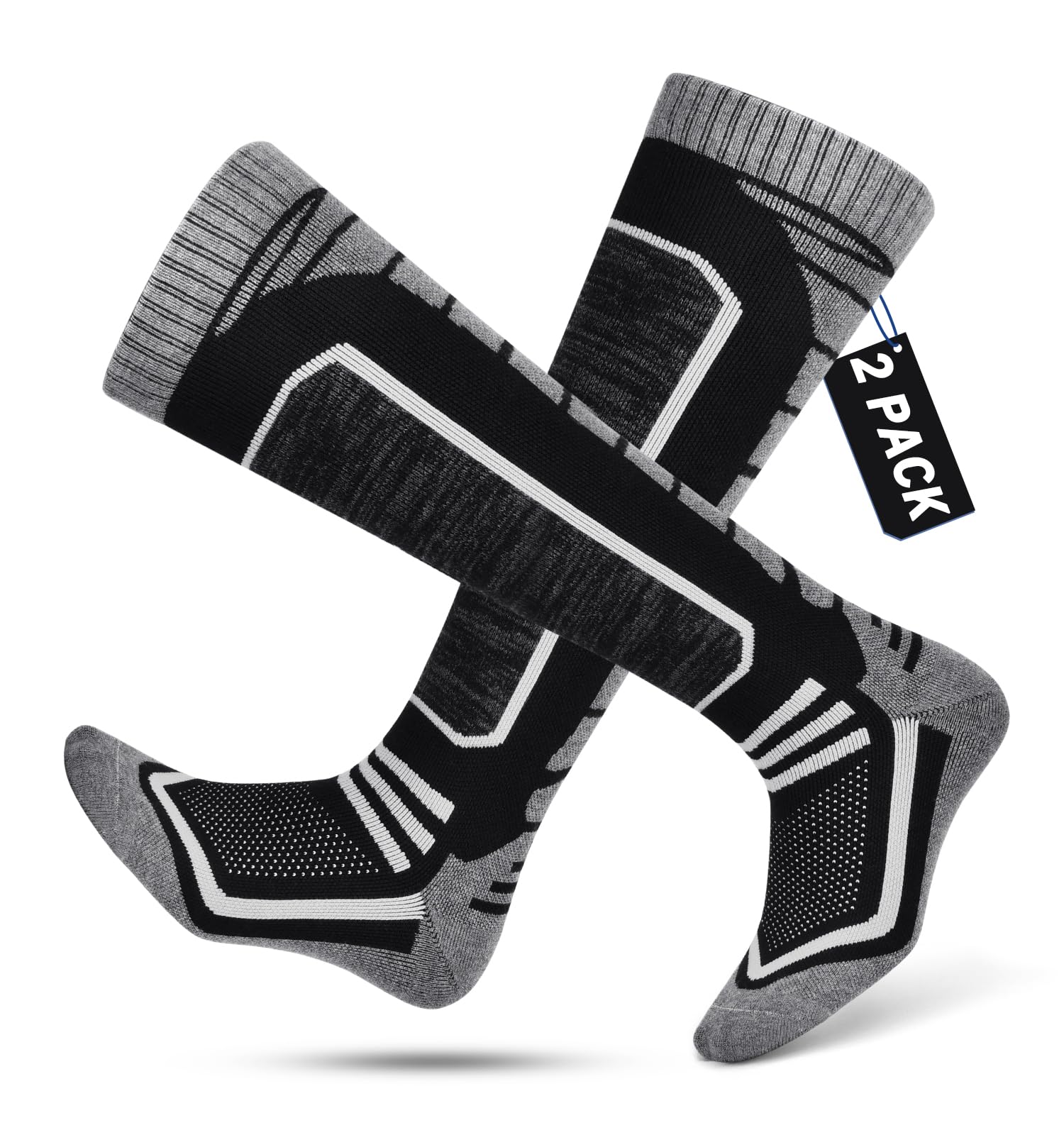 LUROON Chaussette de Ski en Laine Mérinos pour Homme, 2 Paires Longues Thermique Chaussettes Hautes Chaussette Chauffe-Pieds pour Sport Cyclisme Randonnée Ski