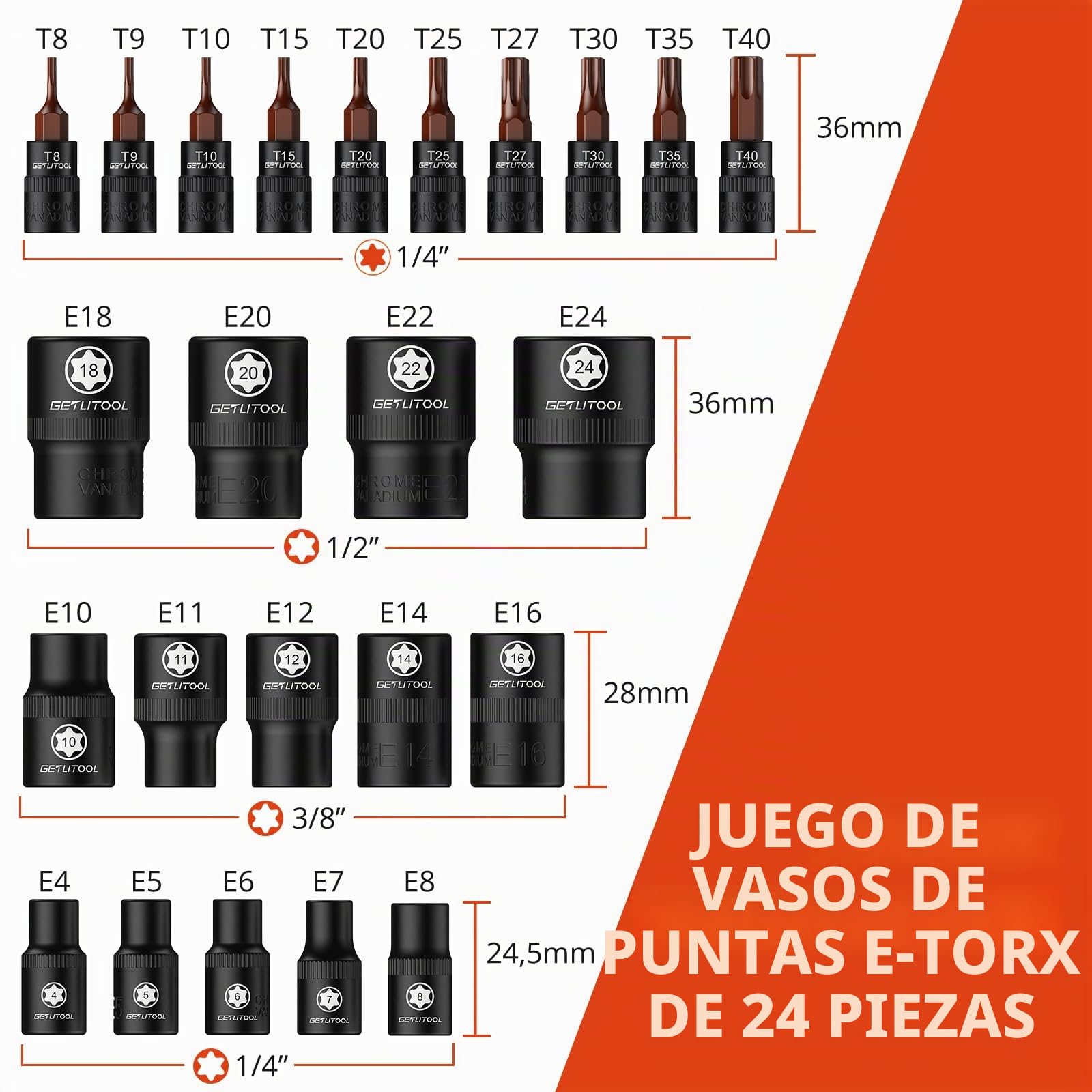 GETLITOOL Juego de 24 llaves de vaso E-Torx E-Torx de acero CR-V E4-E24 y T8-T40, llaves de estrella con grabado láser y caja organizadora para reparación de automóviles, mantenimiento mecánico