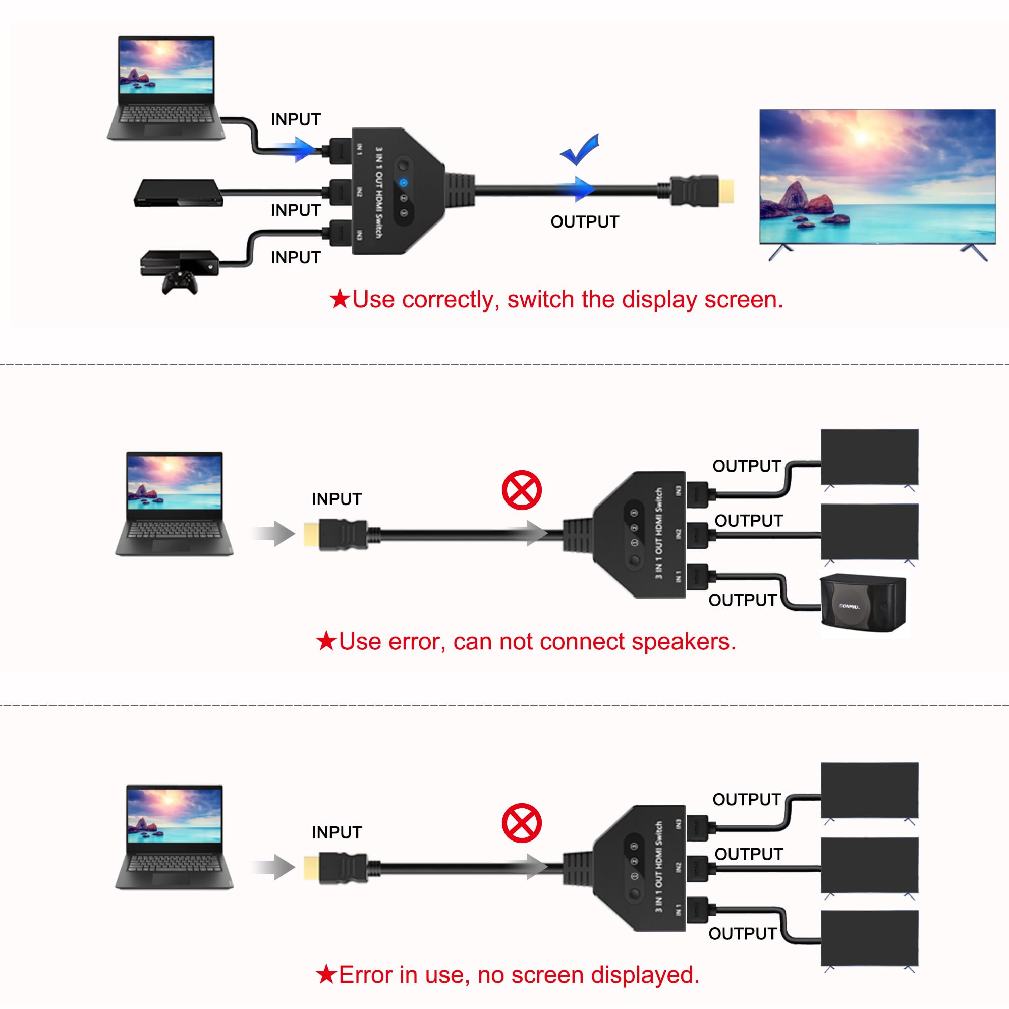 Conmutador HDMI 3 en 1, 4K a 30 Hz, 3 puertos, conmutador HDMI compatible con Full HD 1080P 3D, compatible con Roku Fire TV Stick HDTV PS4/PS5 Xbox One Chromecast, compatible con Mac/Win/Linux
