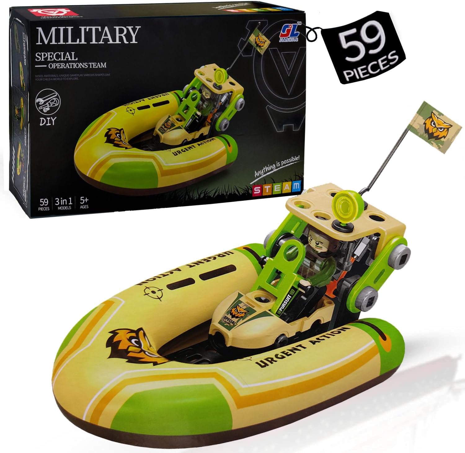Versa-Mart 3 in 1 Kids 3D Military Boat Puzzle STEAM Projects Arts Kit - 59 Pieces for Creative Fun and Learning