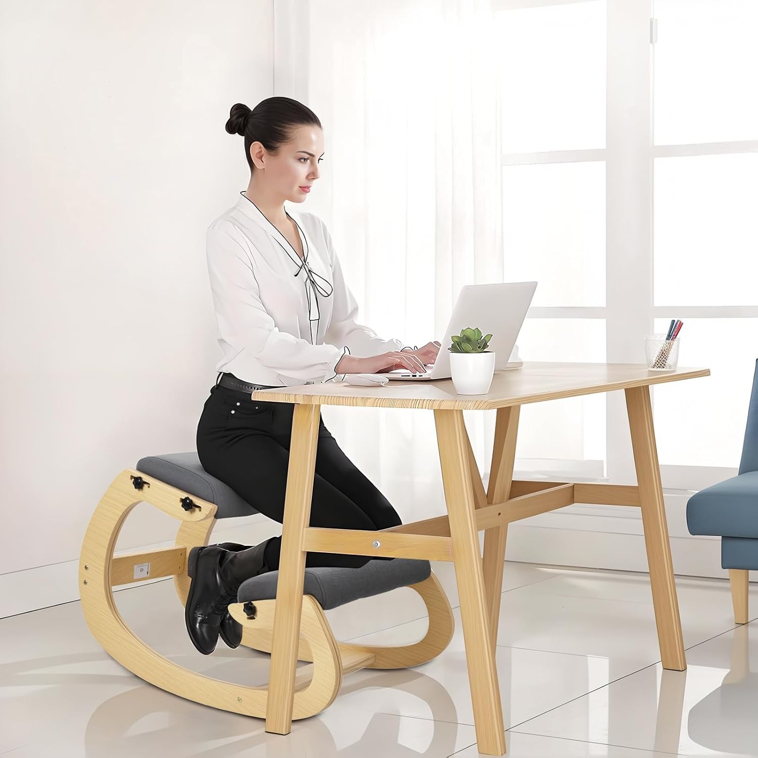 Ergonomic Kneeling Chair, Adjustable Height Swing Kneeling Stool, Thickened Wood Student Studying Upright Posture Chair, Rocking Chair Stool, Knee Chair Office Chair for Back Pain Relief 1 S