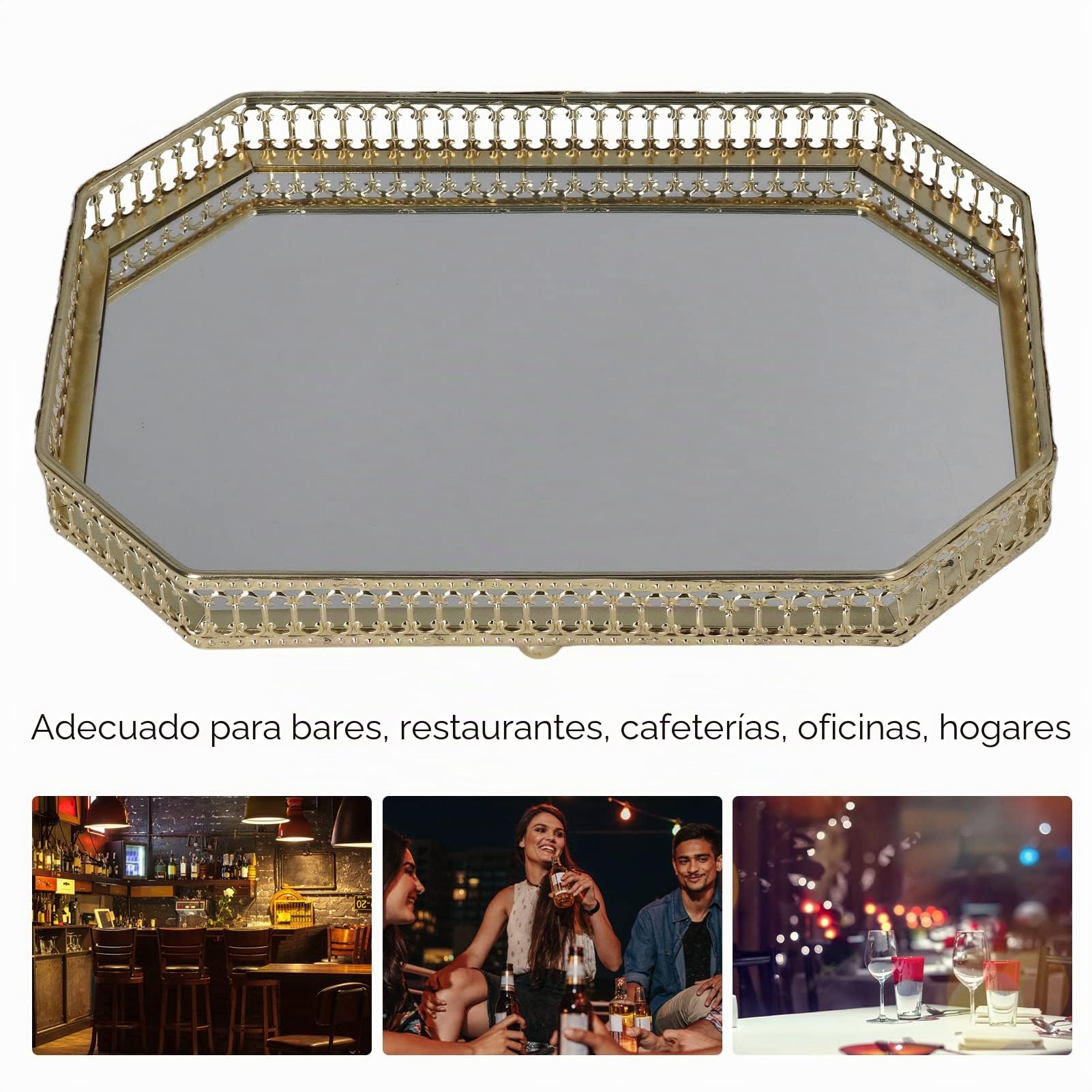 Bandeja Decorativa con Espejo de Dorado, Geométrica Plato Decorativo para Servir Organizador de Perfume de Maquillaje para Tocador, Encimera de Baño