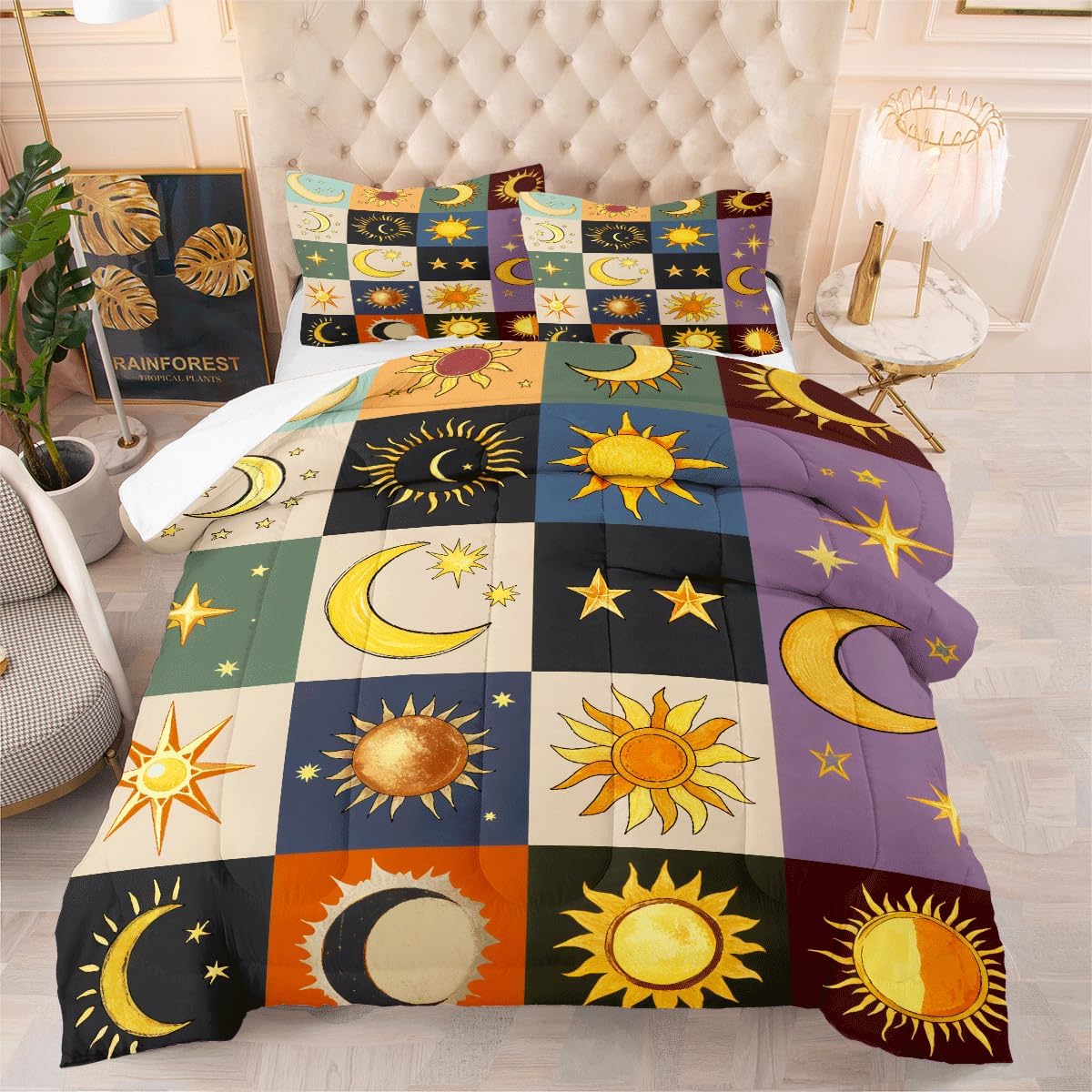 Twin Bohemian Sun and Moon Trippy Comforter Sets, Boho Geometric Creative Quilt Set Colorful Bright, Includ 1 Comferter and 2 Pillow Shams - 68x90 inches