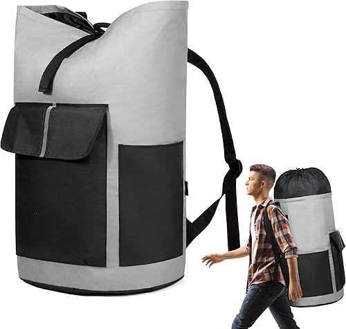 Vista 11 de BeeGreen Mochila de lavandería verde musgo para viaje, bolsa de lavandería con correas de hombro ajustables y cierre de cordón, XL bolsa de Verde