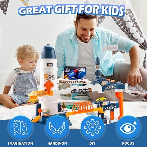 Miniatura 5 de Eaciilee Juguetes espaciales para niños de 3, 4, 5, 6, 7, 8 años, 2 en 1, vehículo de aventura espacial con 4 coches, ascensor, estacionamiento,