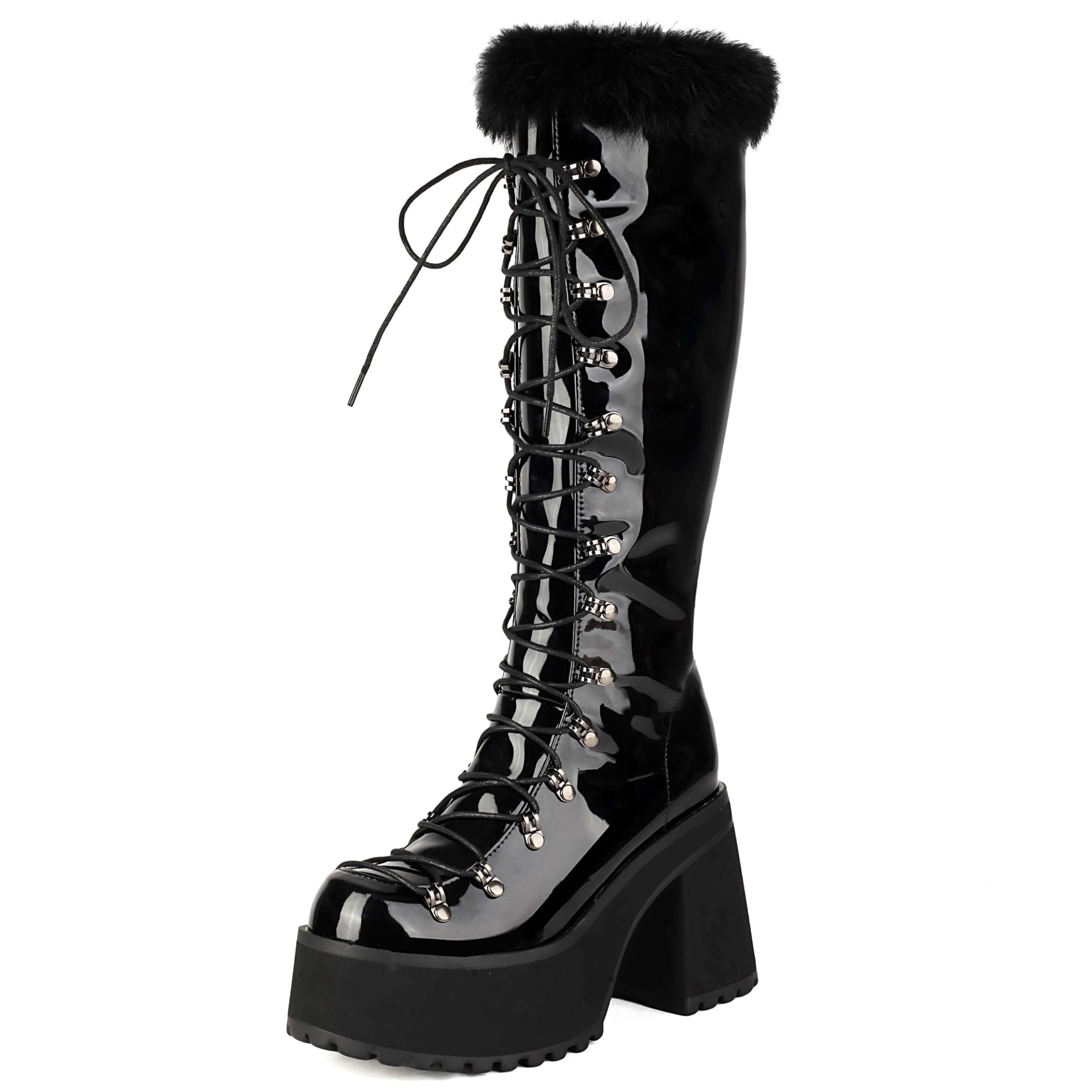 DINTAHA Fur Knee High Platform Combat Boots Lace Up Furry Heel Winter Boots