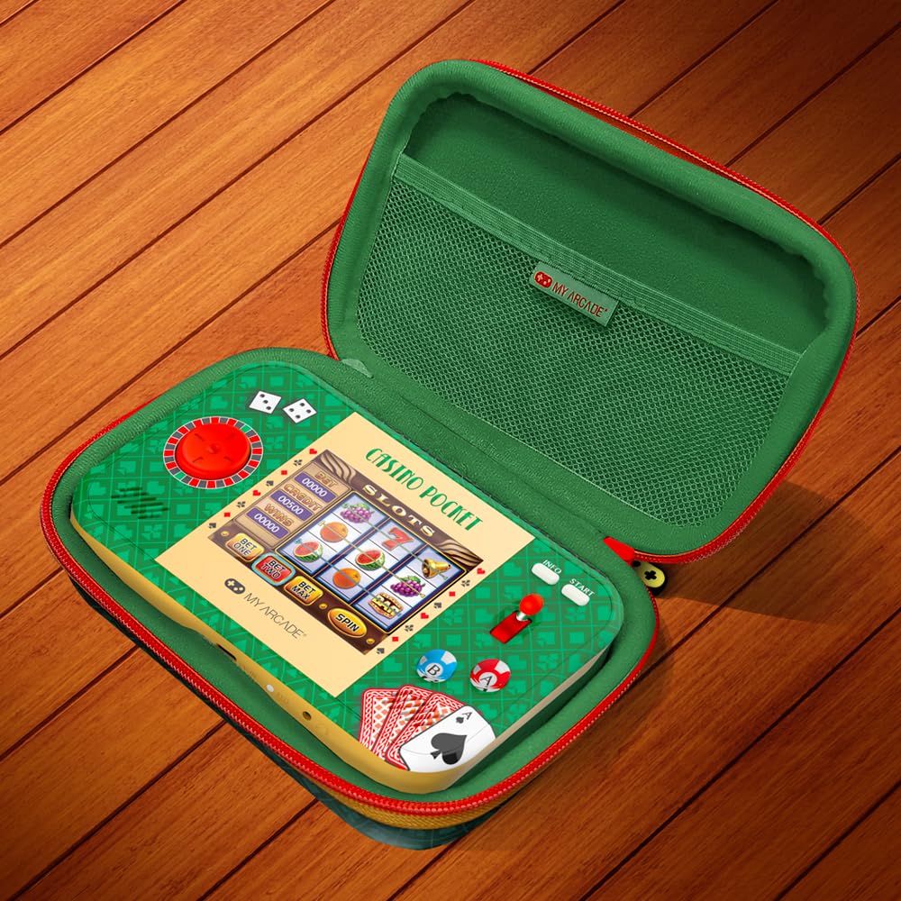 MY ARCADE Poche casino : jeu d'arcade rétro casino, batterie rechargeable, comprend étui de voyage et protecteur d'écran, roulette, poker, blackjack et plus encore