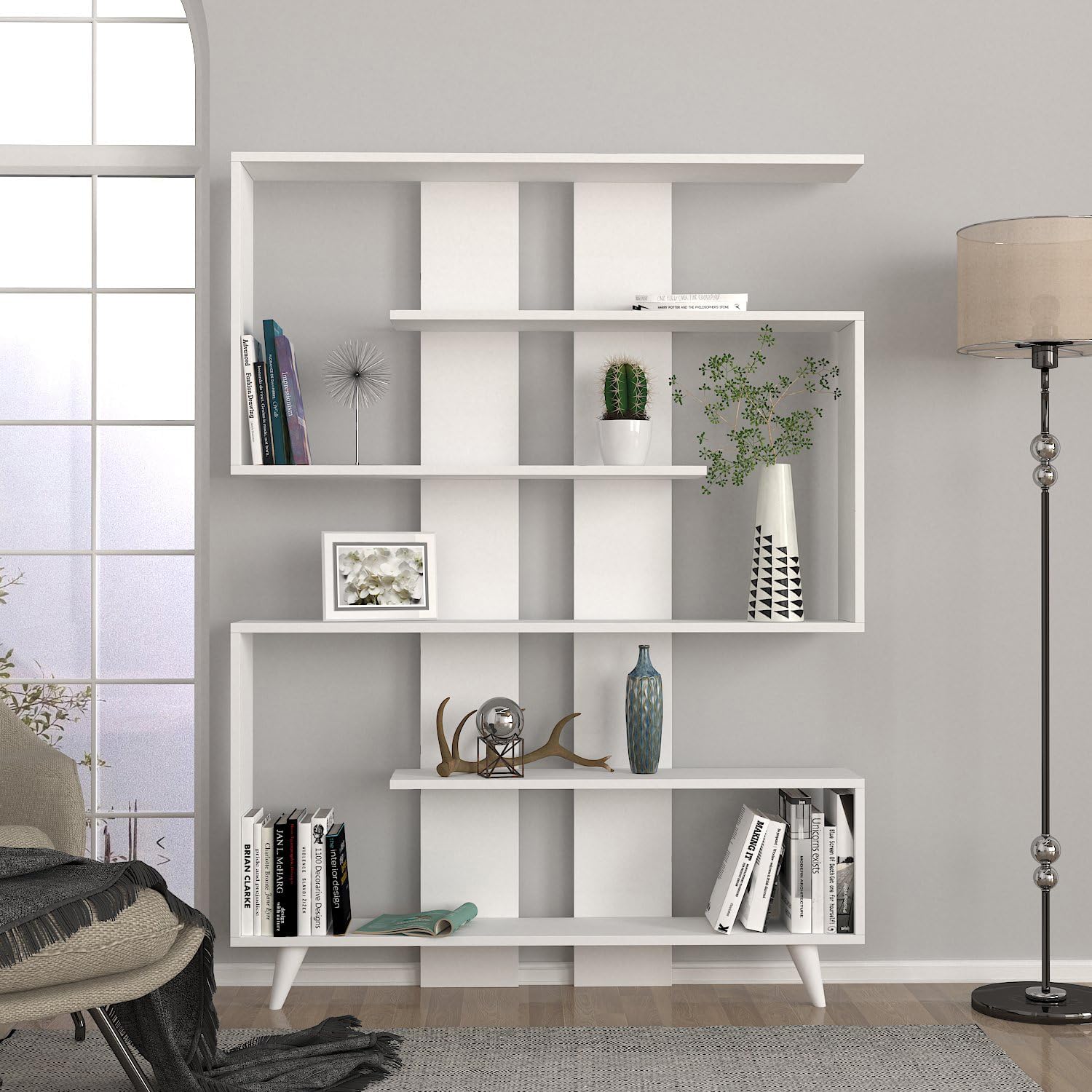 DORPEK Pillar Bookcase White,S Shaped 5 Tier Tall