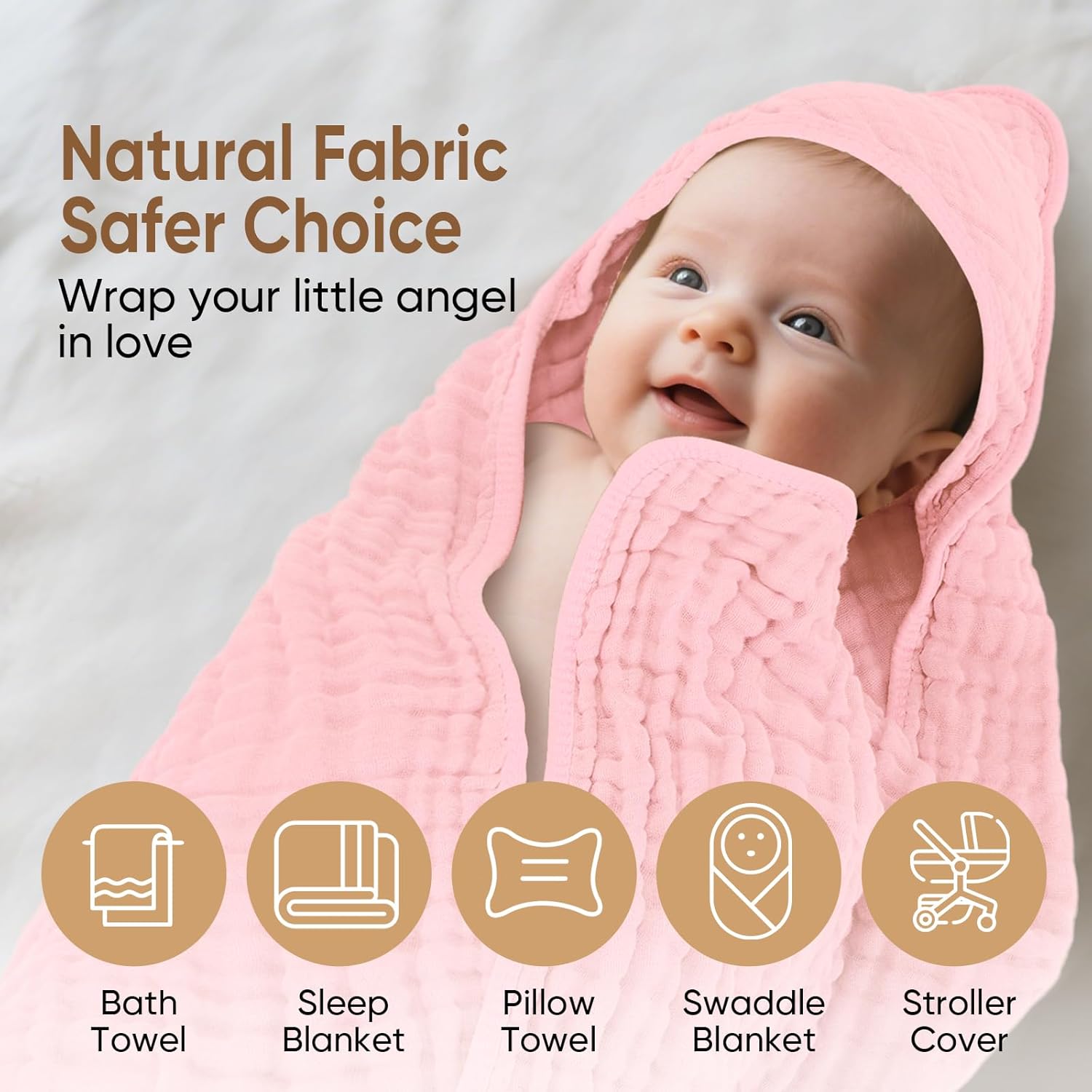 Muslin Hooded Baby Towels 100% Cotton ，Super Soft Muslin Baby Bath Towel - 32 x 32 Inches, Suitable for Newborn and Young Children up to 3 Years Old. (Beige & Coffee) - Image 3