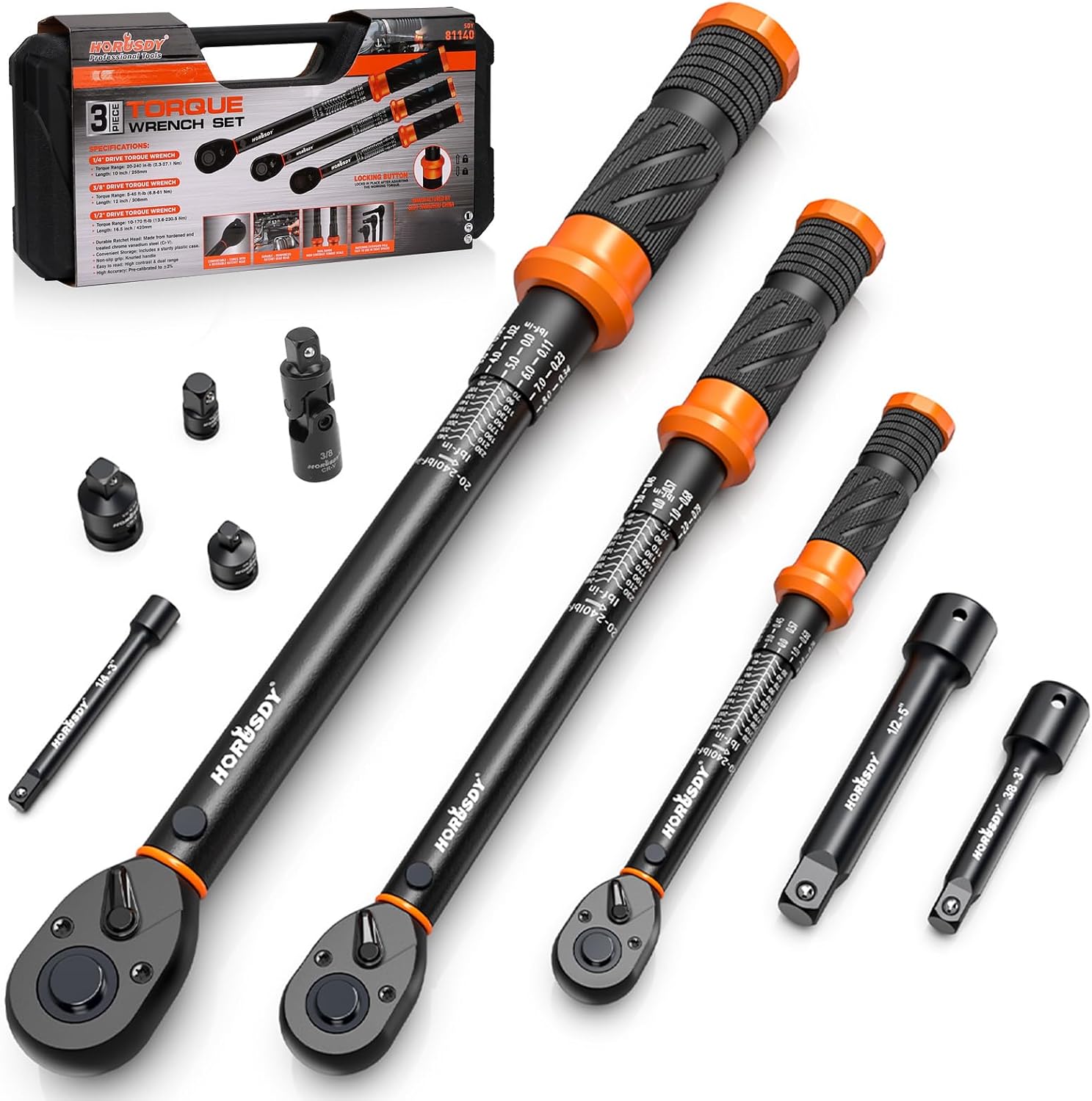 3Pack Torque Wrench Set, 1/4", 3/8", 1/2" Drive Click Torque Wrench Extra with Extension Bars & Adapters, Dual-Direction Adjustable Precision Torque Wrenches for Car, Motorcycle, Bike DIY Maintenance