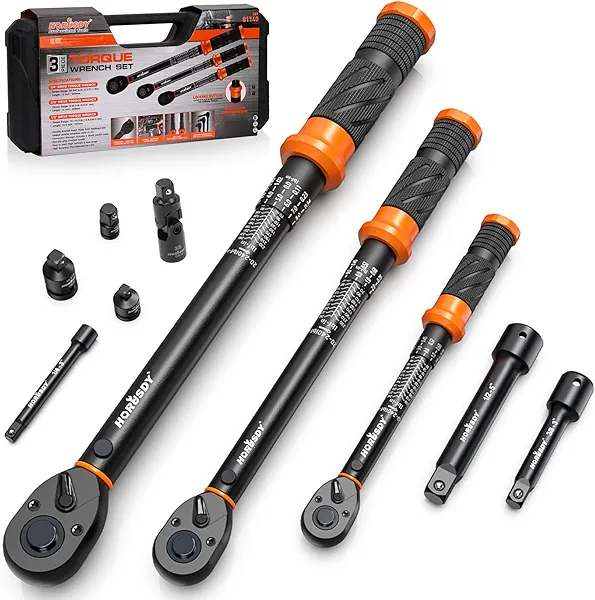 3Pack Torque Wrench Set, 1/4", 3/8", 1/2" Drive Click Torque Wrench Extra with Extension Bars & Adapters, Dual-Direction Adjustable Precision Torque Wrenches for Car, Motorcycle, Bike DIY Maintenance