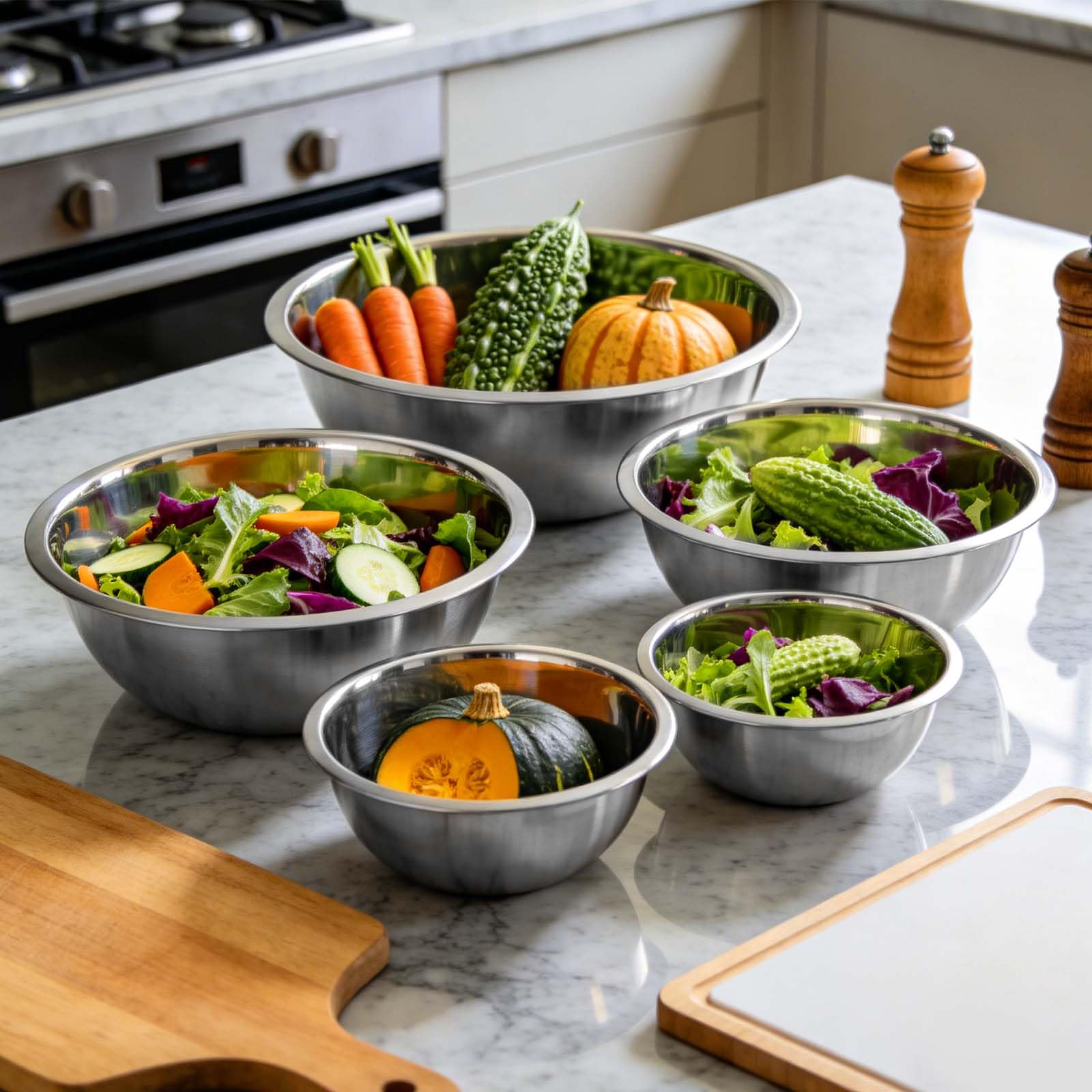 Lot de 5 Cul de Poule Inox, Saladiers en Acier Inoxydable, Bol Inox Cuisine Bowl de Mélange 5 Saladiers de Tailles Différentes 0.6 l, 0.9 l, 1.6 l, 2 l, 2.6 l