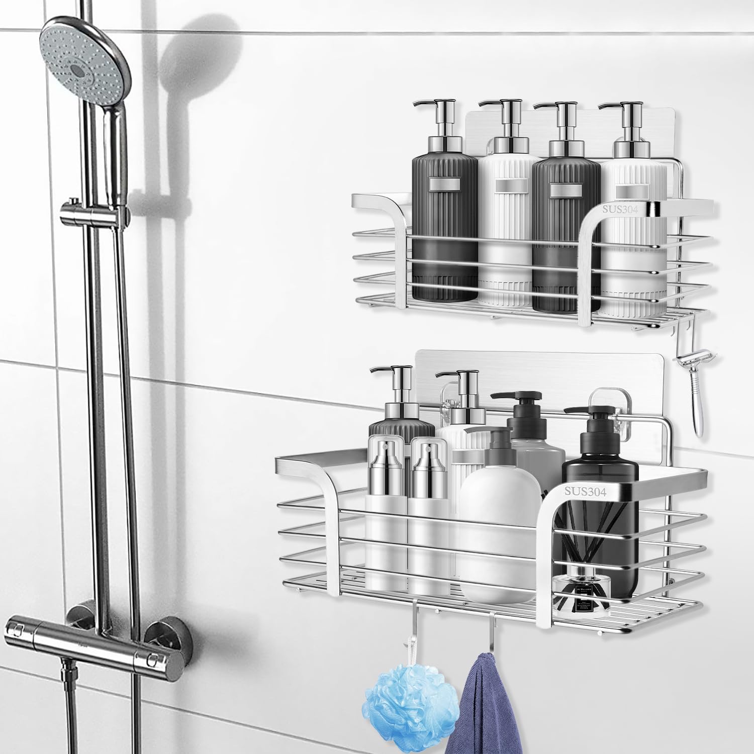 Carehabi Mensola Doccia Senza Foratura 2 Pezzi Organizer Bagno in Acciaio Inox SUS304 con 4 Ganci Mensola Senza Foratura Oggetti Bagno per Shampoo per Bagno e Cucina