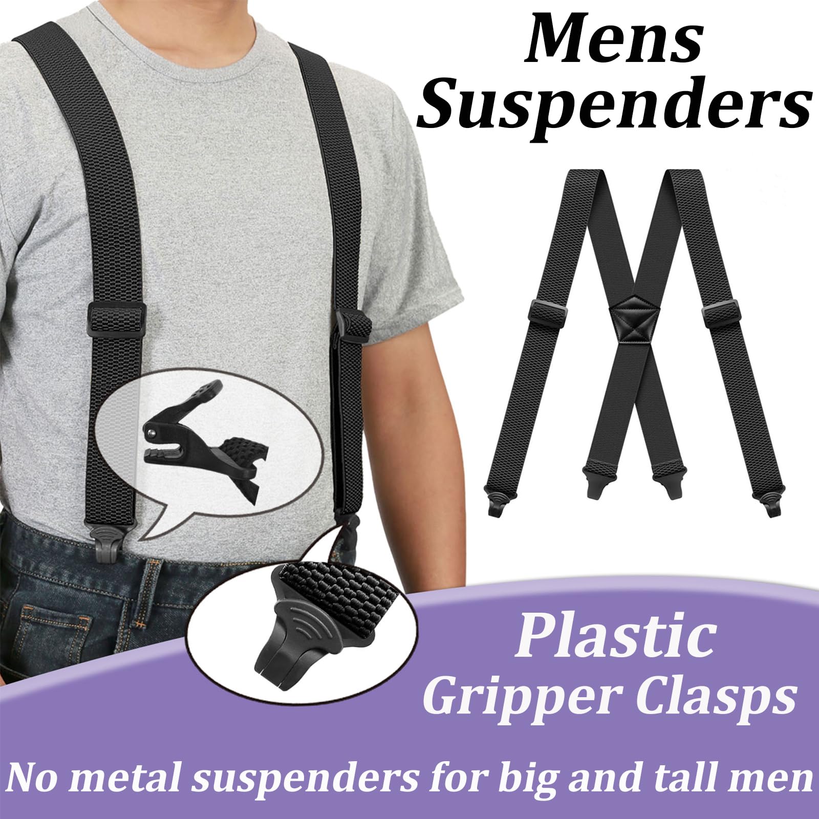 Suspenders for Men Heavy Duty 1,6 cala Wide Airport Friendly Hidden Suspenders with 4 Plastic Gripper Clasps Adjustable Elastic Braces for Casual Work X-Back czarne