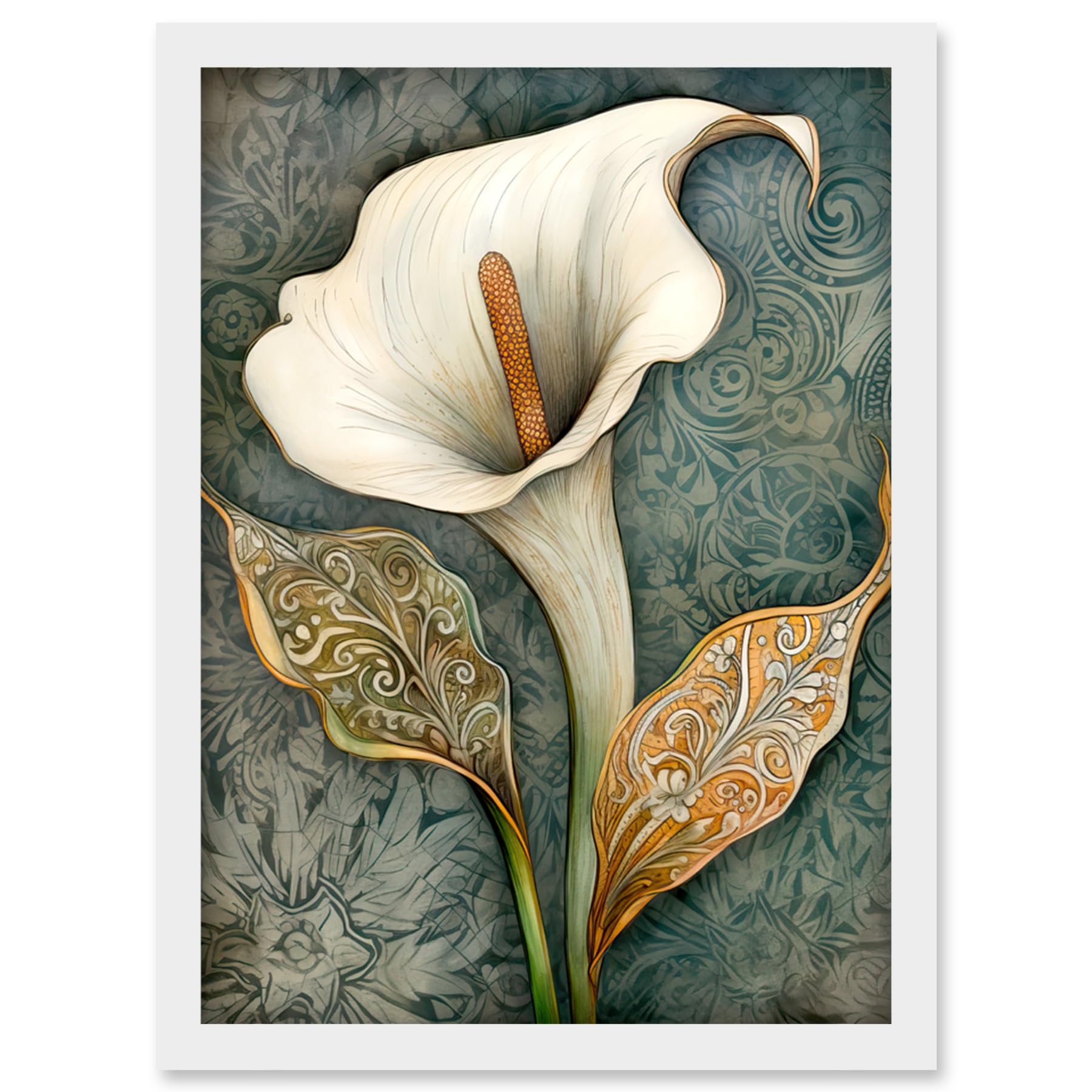 Artery8 William Morris Style Art Nouveau Calla Lily Flower Artwork Framed Wall Art Print A4