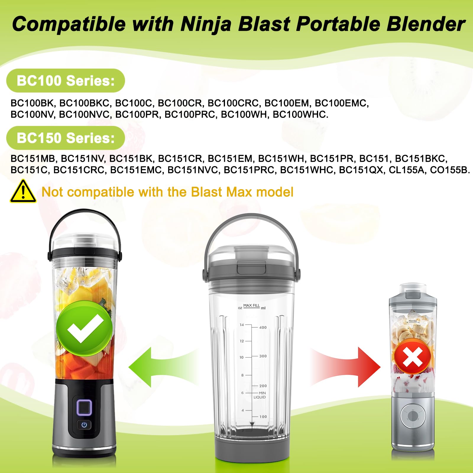 Vaso di miscelazione di ricambio da 510 g per frullatore portatile Ninja Blast, coperchio di ricambio con maniglia per il trasporto, coperchio lama e tappo inferiore adatto per Ninja BC151NV BC151CR