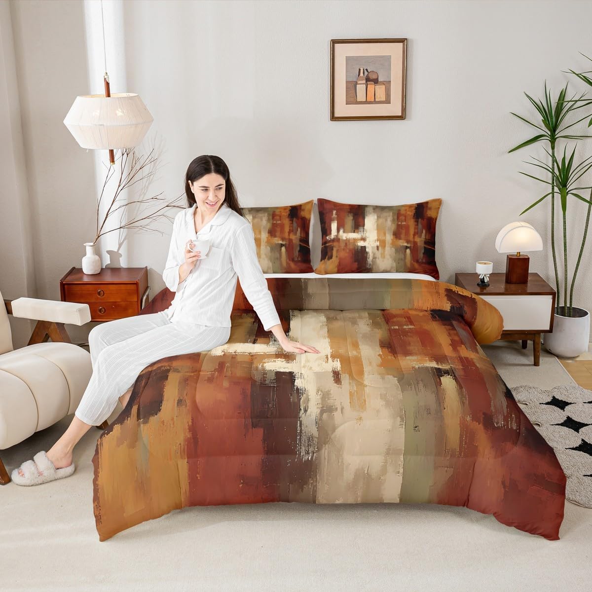 Feelyou Burnt Orange Comforter Set King Size Abstract Rust Art Bedding Set for Kids Boys Girls Geometric Modern Chic Duvet Quilt Farmhouse Bedroom Decor Microfiber 3 Pcs with 2 Pillow Cases