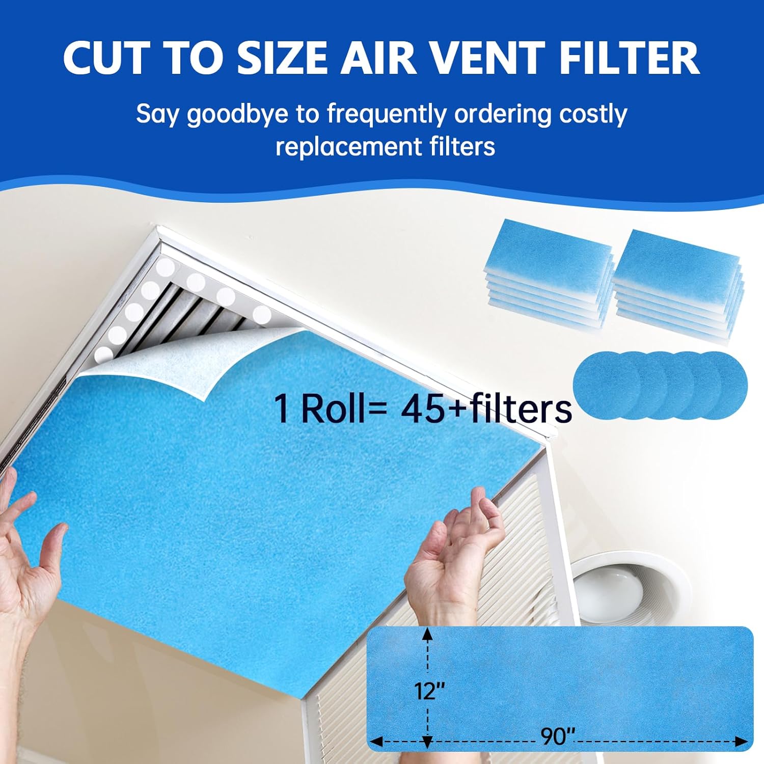 Air Vent Filters 12"x90",2Roll Cut to Fit Air Filter(up to 120 filters),MERV 8 Triple Filtration Electrostatic Vent Filter Material for AC, HVAC Furnace, Mobile Home-Includes 48 Adhesive Hook Tape