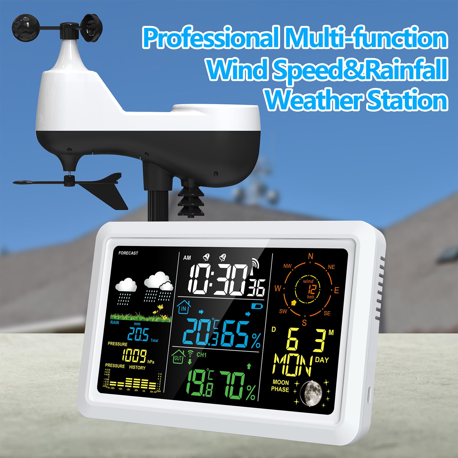 Wetterstation mit Außensensor Innen-/Außenthermometer mit 7,5-Zoll-VA-LCD-Bildschirm Wettervorhersage Temperatur Luftfeuchtigkeit Luftdruck Windgeschwindigkeit und -richtung Mondphase