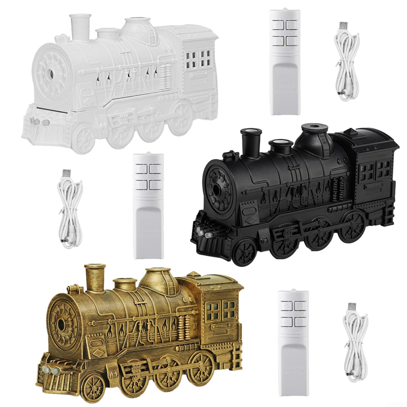 Diffuseur d'huiles essentielles train rétro 300ml, humidificateur d'aromathérapie avec télécommande, lumières bleues froides et flamme chaude, ultra-silencieux, arrêt automatique, grande capacité