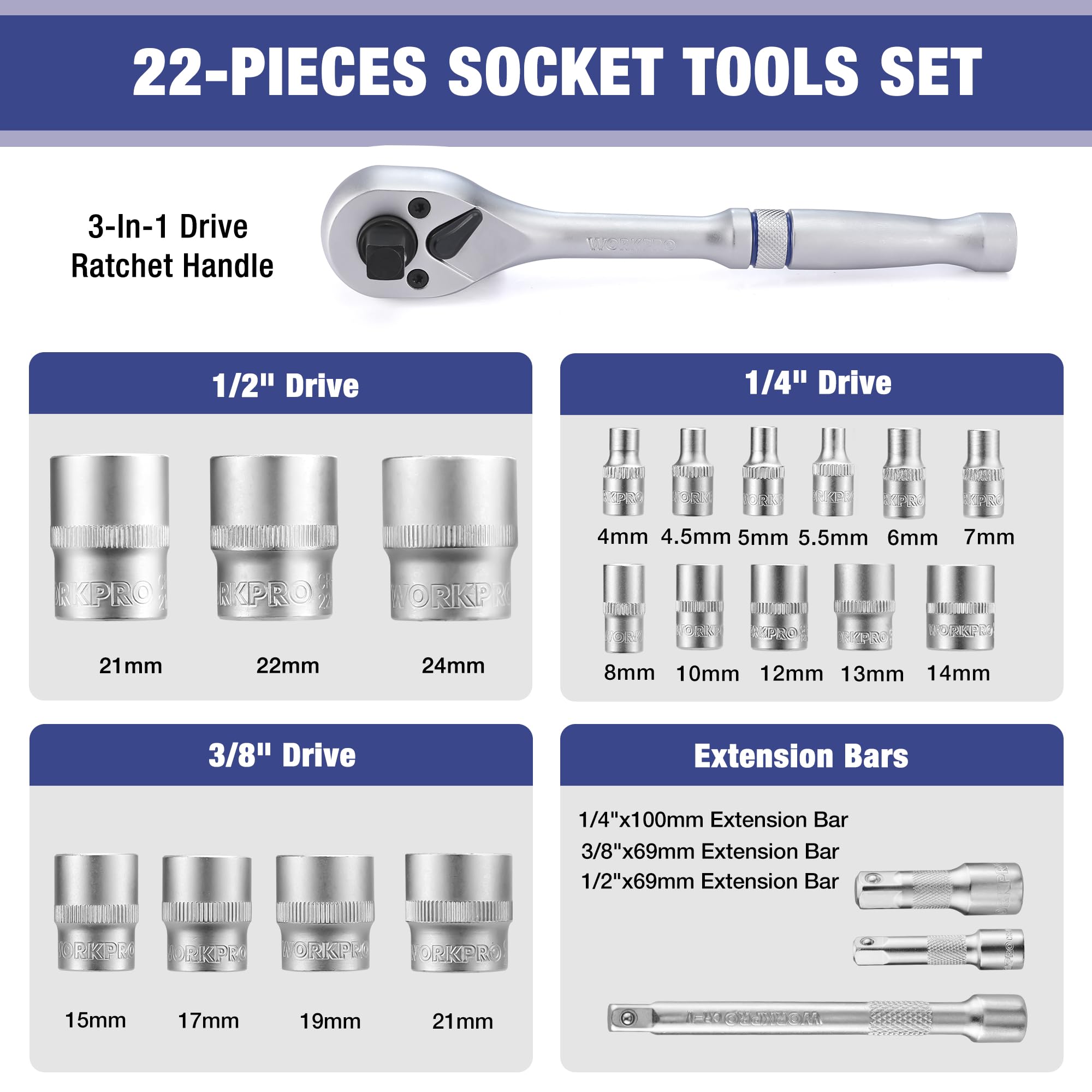 WORKPRO 22-Piece Socket Set including Ratchet Handle, 1/4, 3/8, 1/2 Inch Drive Ratchet Wrench - Image 2